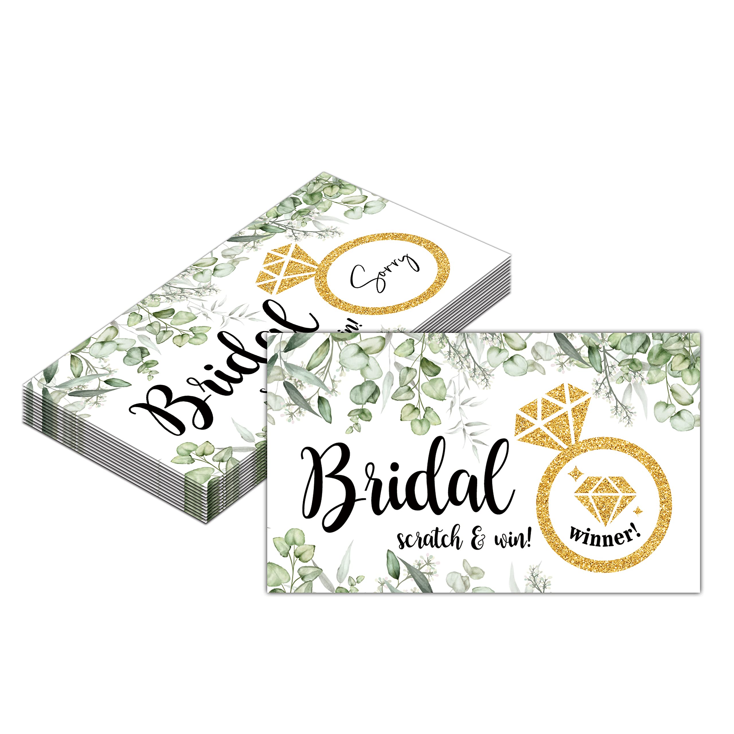 Bridal Shower Scratch Off Game Cards - 50 Pack Glitter Diamond Ring Wedding Party Games - Greenery Eucalyptus Bachelorette Party Decorations - Fun Bride Shower Activities & Supplies for Wedding Celebrations