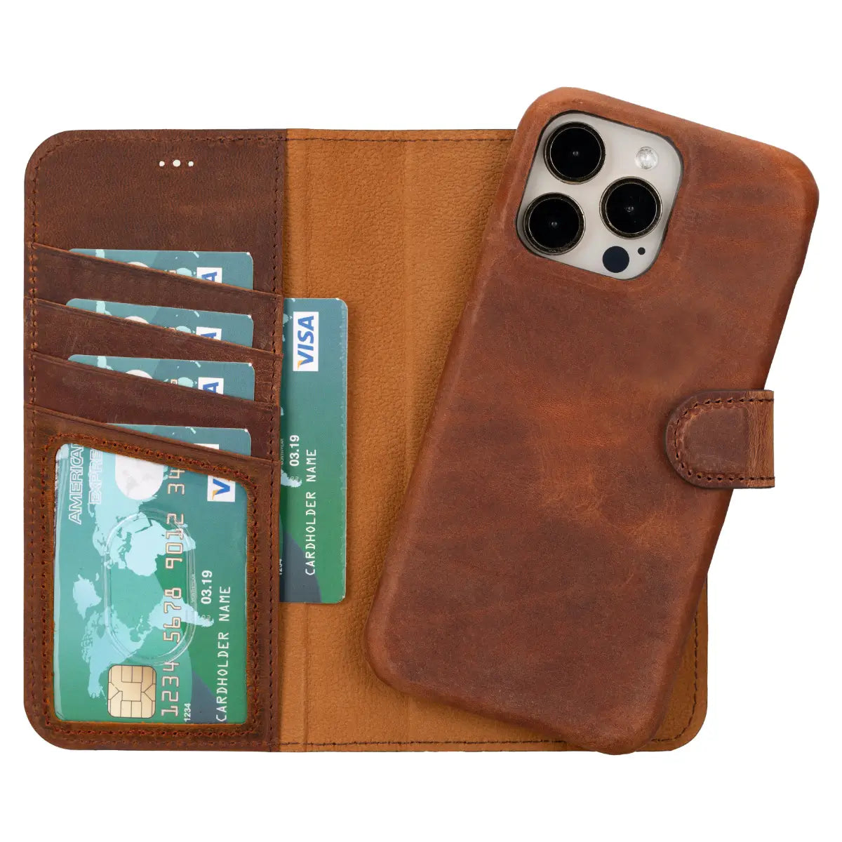 Premium Distressed Brown Leather iPhone 15 Pro Wallet Case - Slim Protective Cover with Card Slots | Perfect for Everyday Use, Travel & Business Meetings