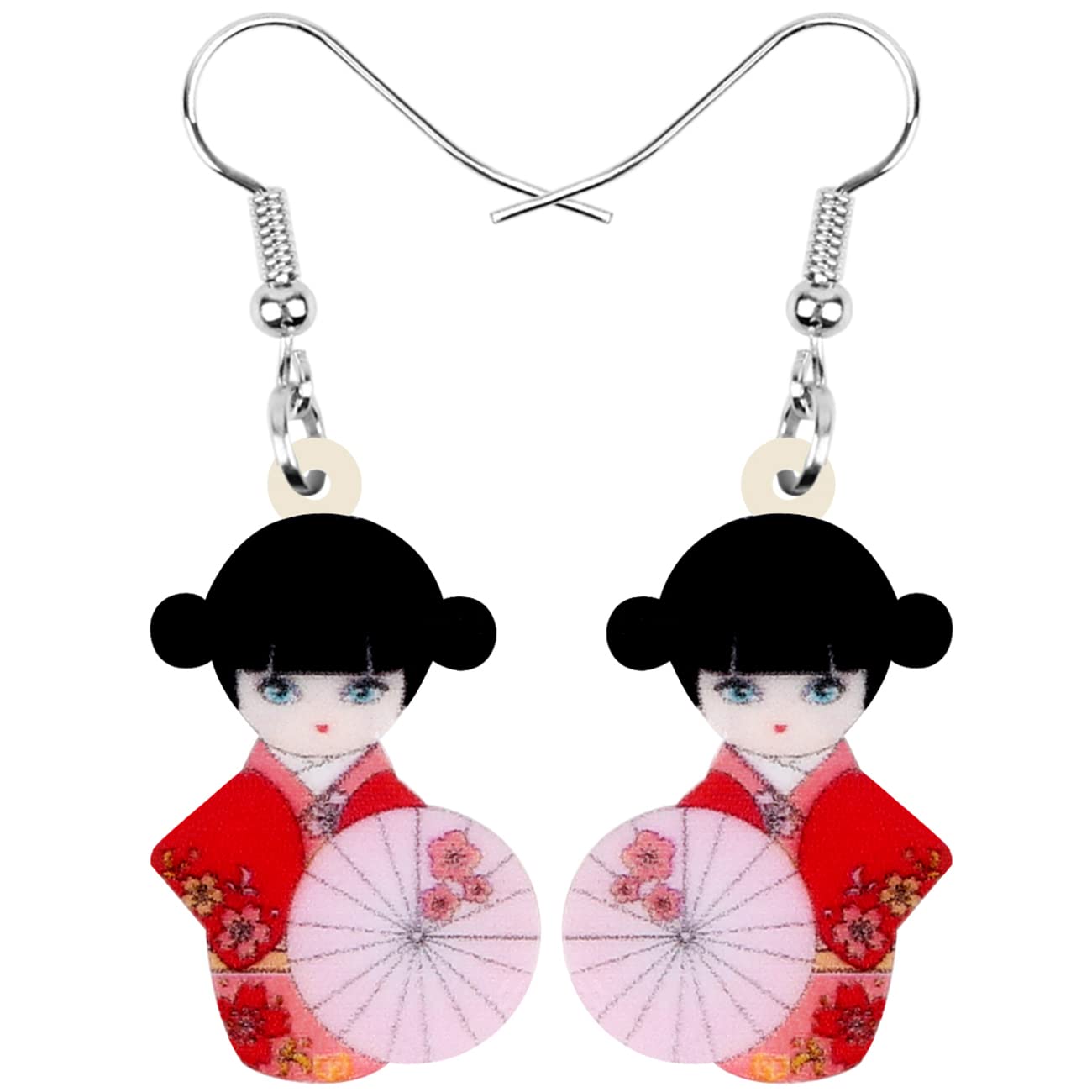 DUOWEI Acrylic Anime Cute Japanese Style Kimono Doll Earrings - Charms Drop Dangle Jewelry for Women Teens Girls - Perfect for Cosplay, Gift Giving & Kawaii Fashion Accessories