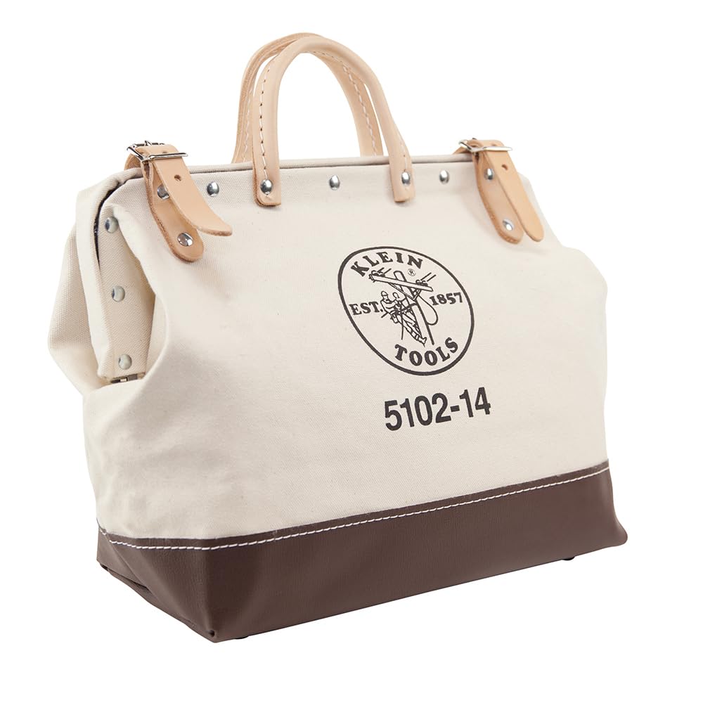 Klein Tools 5102-14 Heavy Duty Natural Canvas Tool Bag - 14-Inch Multi-Purpose Tool Tote with Wide Hinged Opening & Leather Handles | Perfect for Electricians, Contractors & DIY Home Improvement Projects