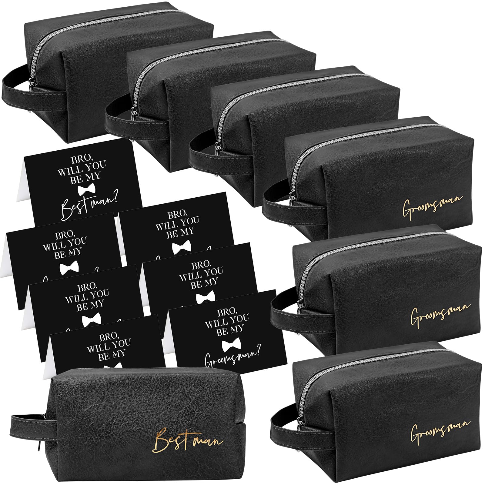 Amylove 7-Piece Men's Toiletry Bag Set - PU Leather Groomsmen Gift with Zipper & Bowknot - Best Man Wedding Proposal Accessories - Includes Greeting Card (Black) - Perfect for Bachelor Parties, Honeymoons & Travel Essentials