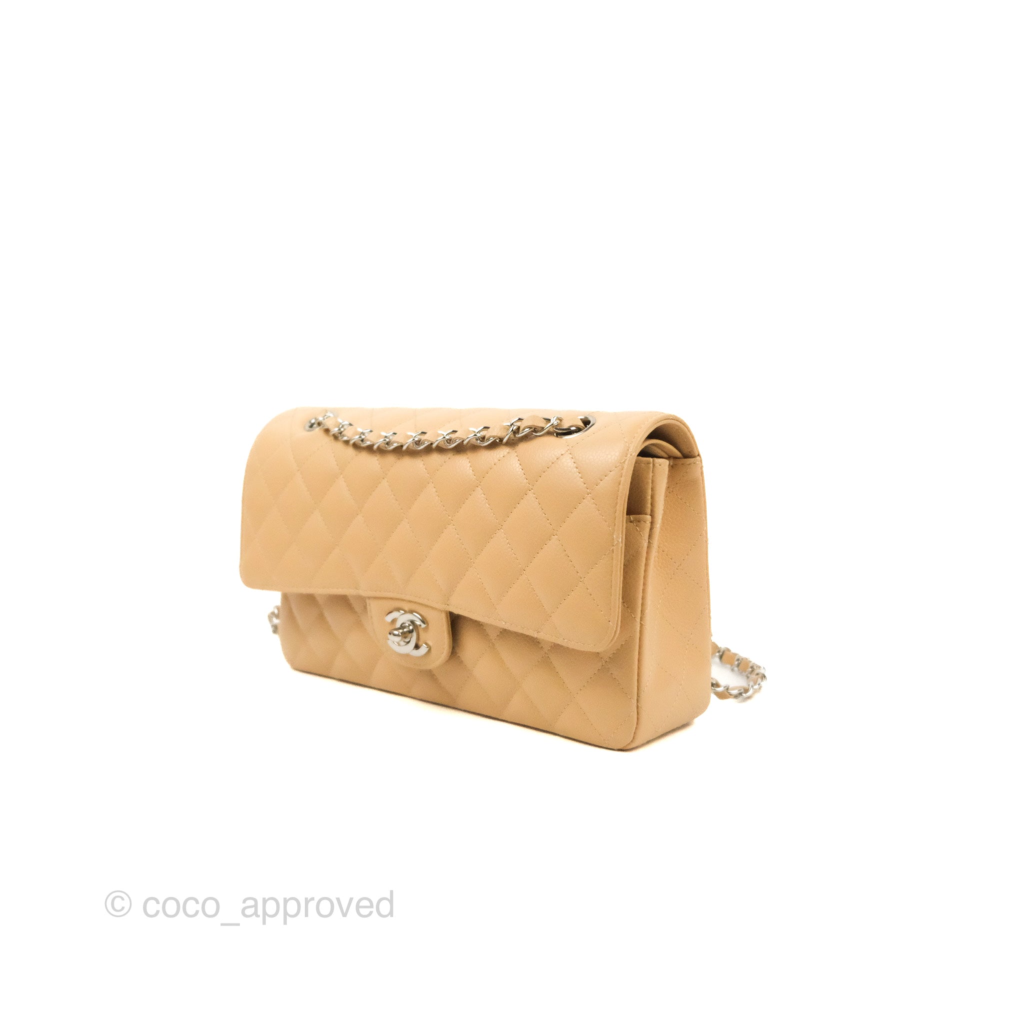 Chanel Classic Medium Flap Bag Quilted Beige Caviar Leather with Silver Hardware - Perfect for Everyday Luxury & Special Occasions