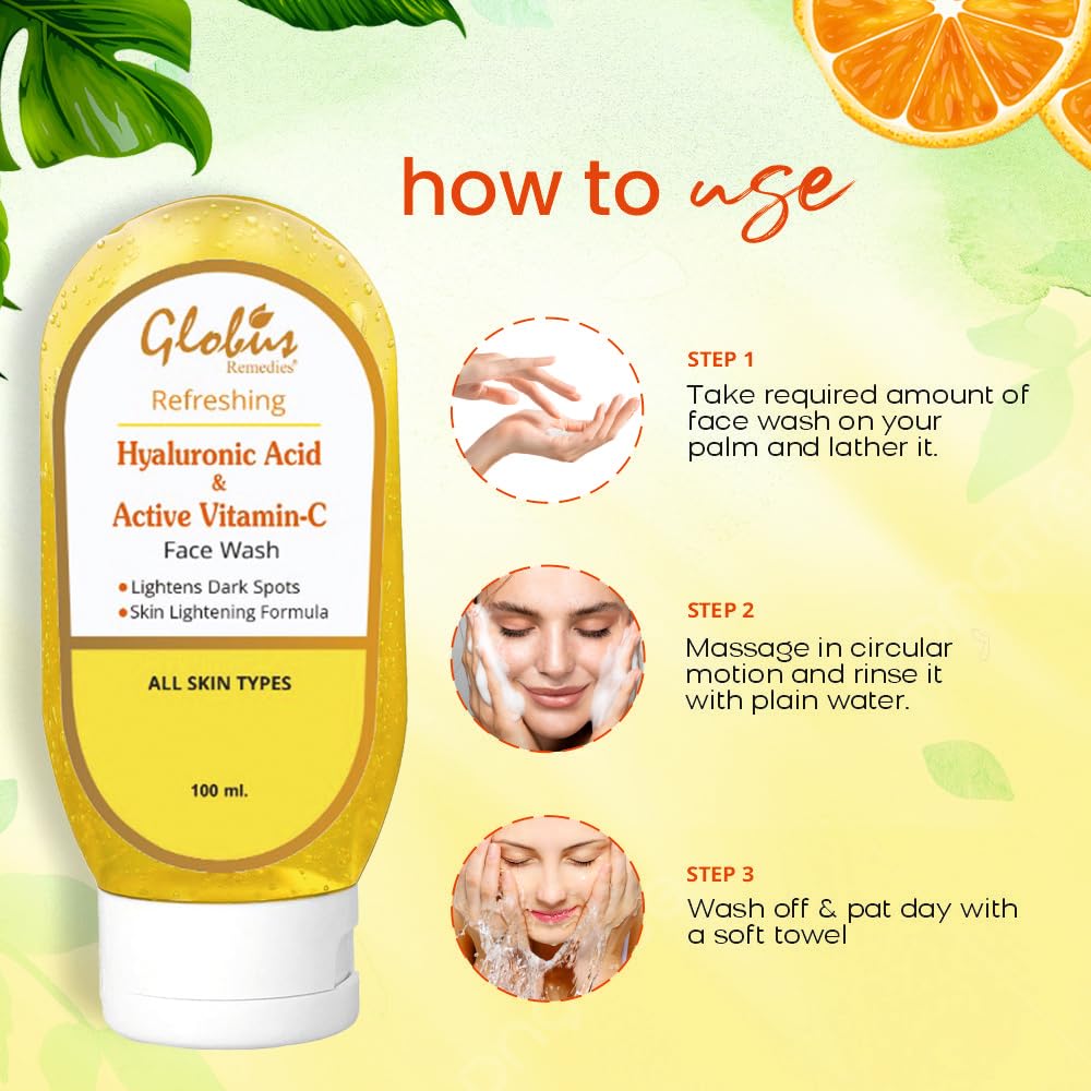 Globus Refreshing Anti-Aging Face Wash with Hyaluronic Acid & Vitamin C - 100ml (Pack of 2) - Hydrating & Brightening Facial Cleanser for Daily Skincare Routine