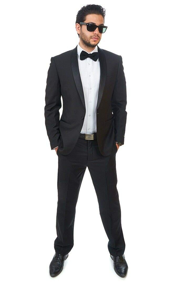 AZAR MAN Slim Fit Men's Shawl Lapel Tuxedo Suit - Black 1 Button Formal Suit with Flat Front Pants | Perfect for Weddings, Prom, Black Tie Events & Evening Gala