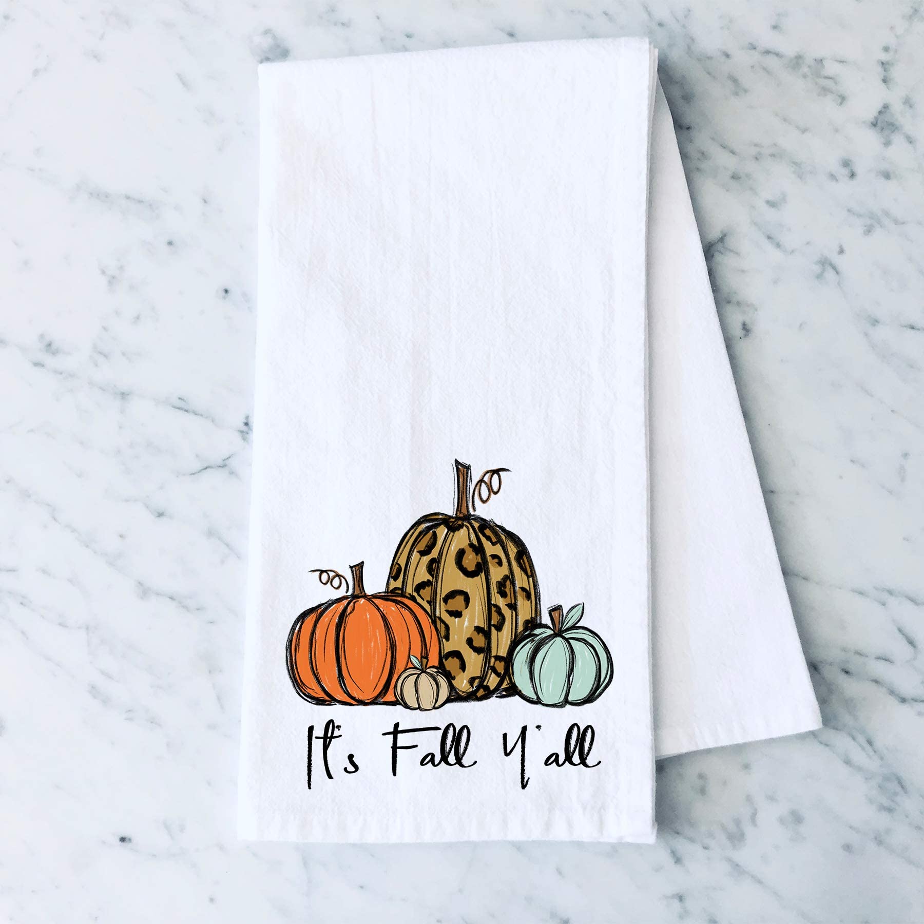 Fall Leopard Pumpkin Print Flour Sack Kitchen Towels - Holiday Home Decor for Autumn, Thanksgiving & Farmhouse Style Kitchens