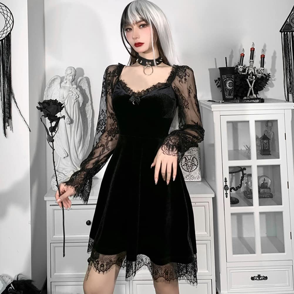 Gothic Lolita Floral Lace Long Sleeve Velvet Dress for Women - Elegant Black Suede Ruched Dress for Wedding Guest & Special Occasions
