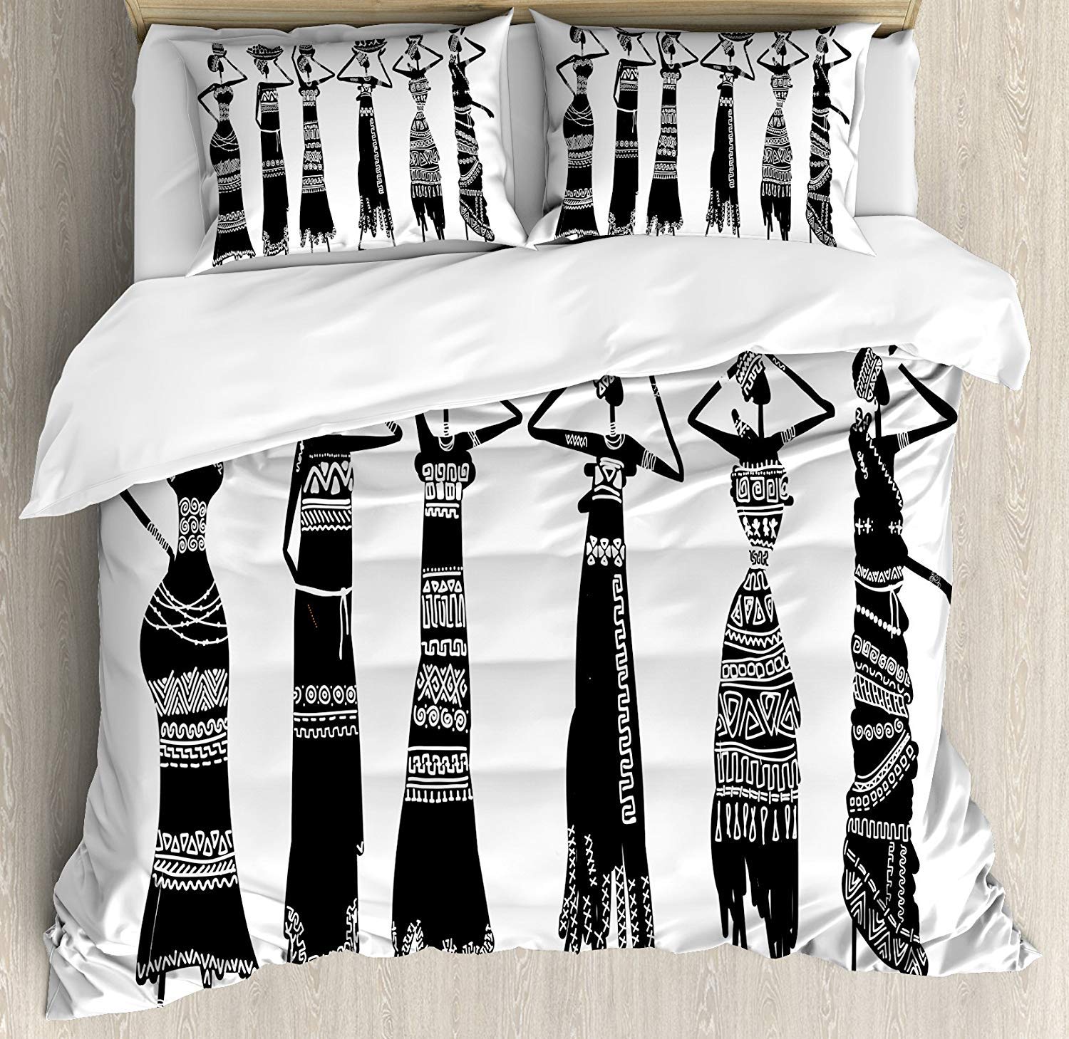 African Tribal Print Queen Size 3-Piece Bedding Set - Duvet Cover with 2 Pillow Shams, Vibrant Tribal Women Silhouette Design, Soft & Breathable Cotton - Perfect for Boho Chic, Ethnic or Cultural Themed Bedrooms