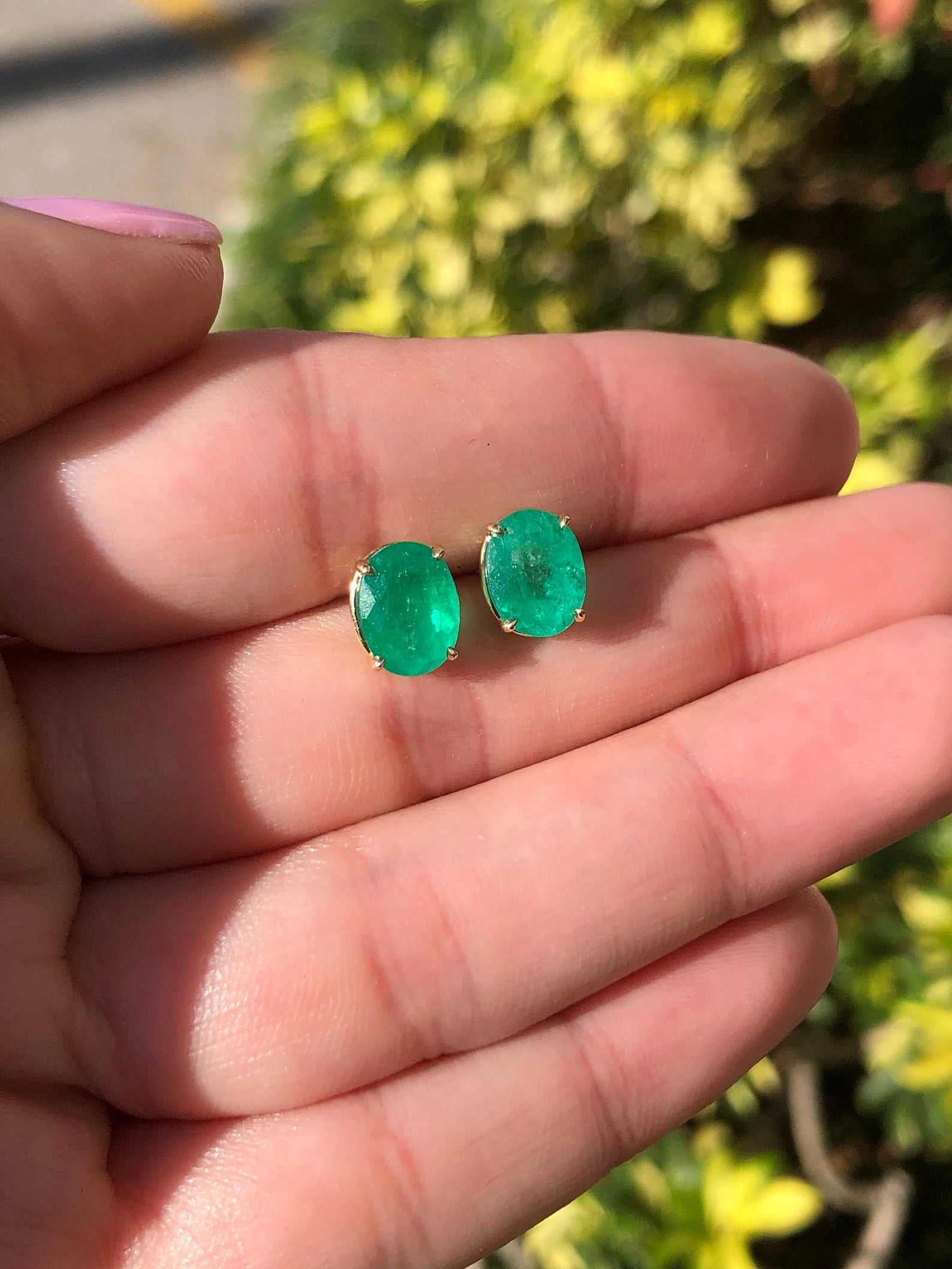 3.20tcw Medium Dark Deep Green Natural Emerald Oval Stud Earrings in 14K Gold - Elegant Statement Jewelry for Women, Perfect for Weddings, Parties & Special Occasions