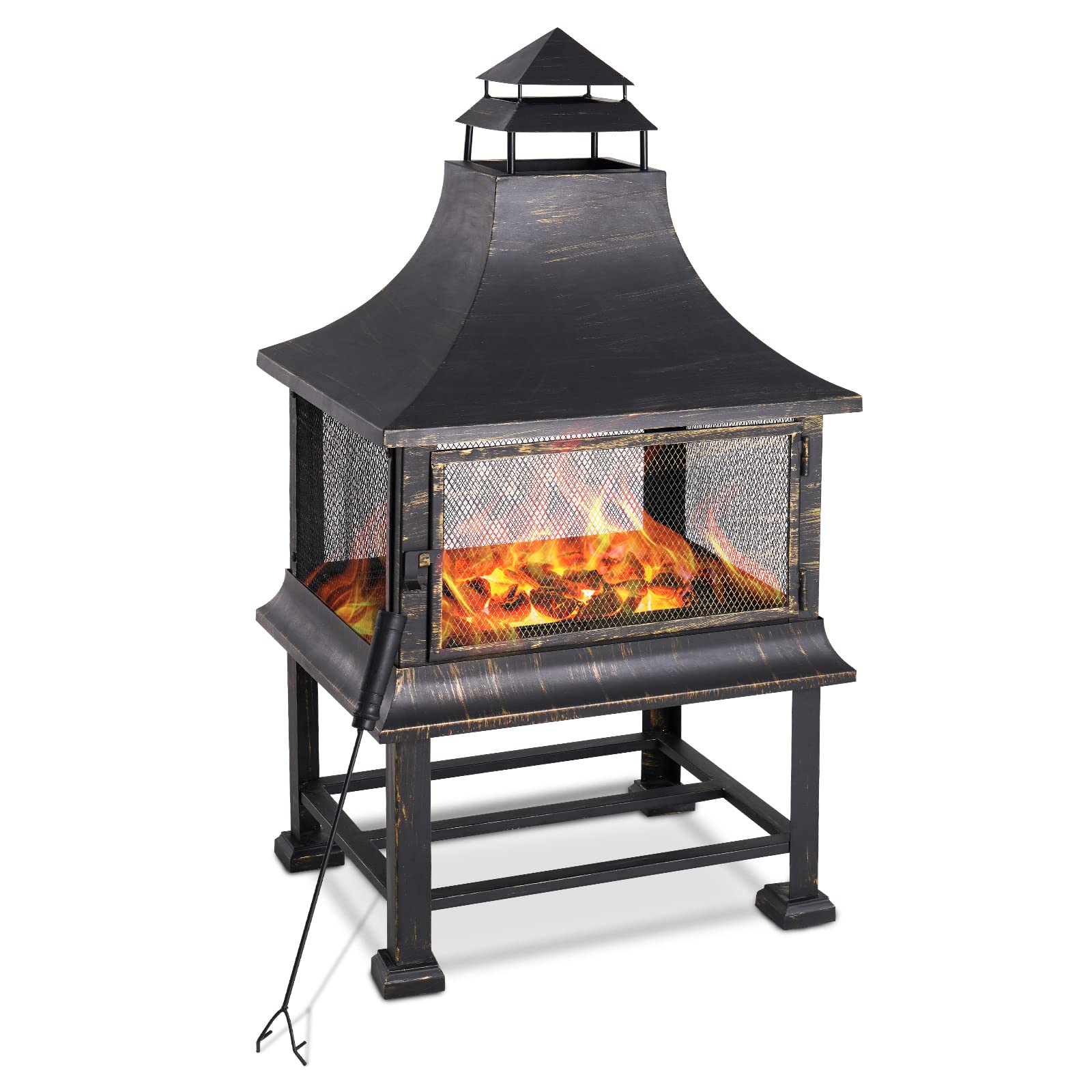 Vonzoy Outdoor Chiminea Fireplace - Wood Burning Fire Pit for Backyard, Patio, Garden with Fire Poker & 360° Fireproof Mesh Cover | Perfect for Camping, BBQ Nights & Outdoor Gatherings