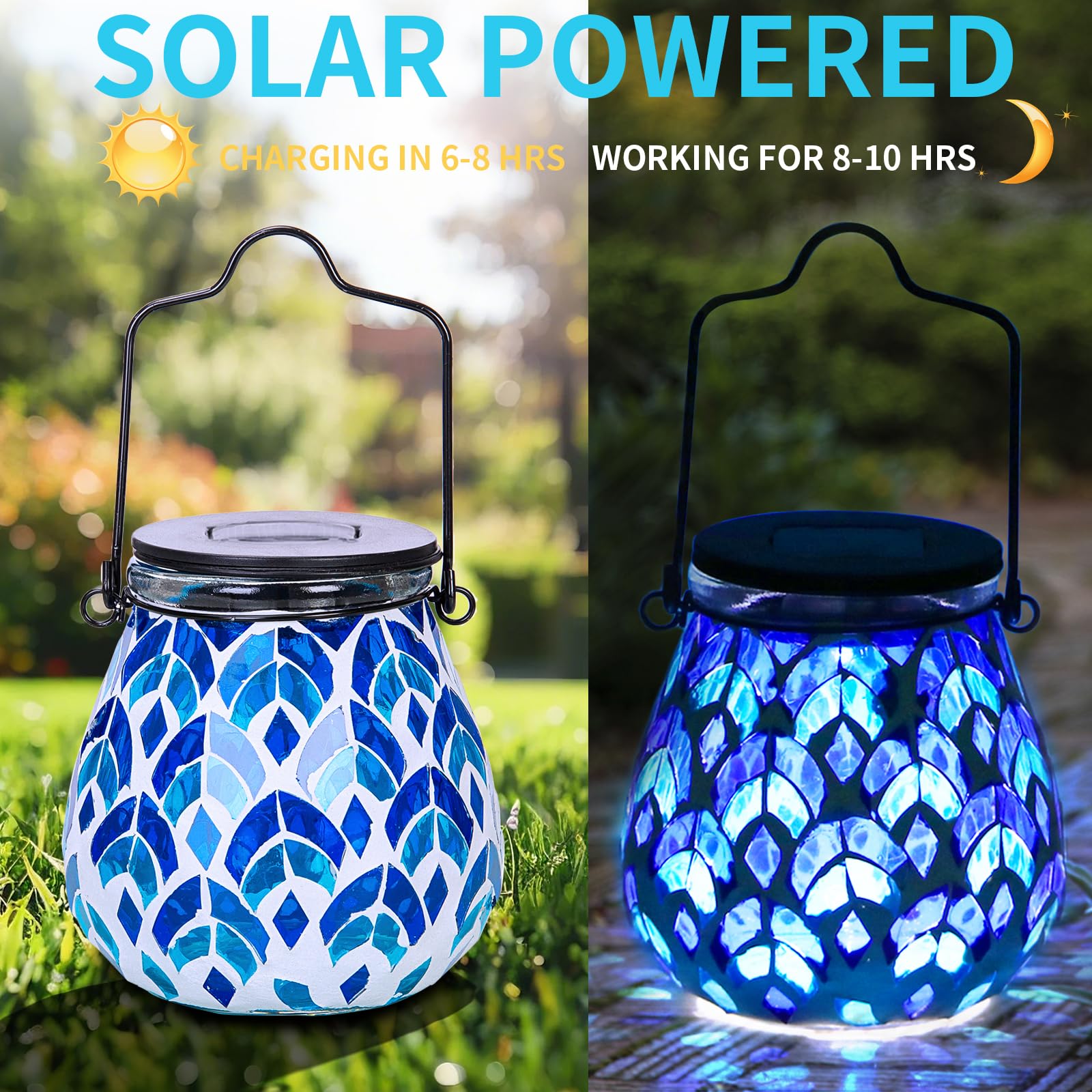 Afirst Mosaic Solar Lanterns - Waterproof Outdoor Hanging Lights for Garden, Patio, Yard, Holiday Party Decor - Hollow Glass Design - Solar Powered Decorative Lighting (1 Pack) - Perfect for Evening Gatherings, Romantic Ambiance & Outdoor Events