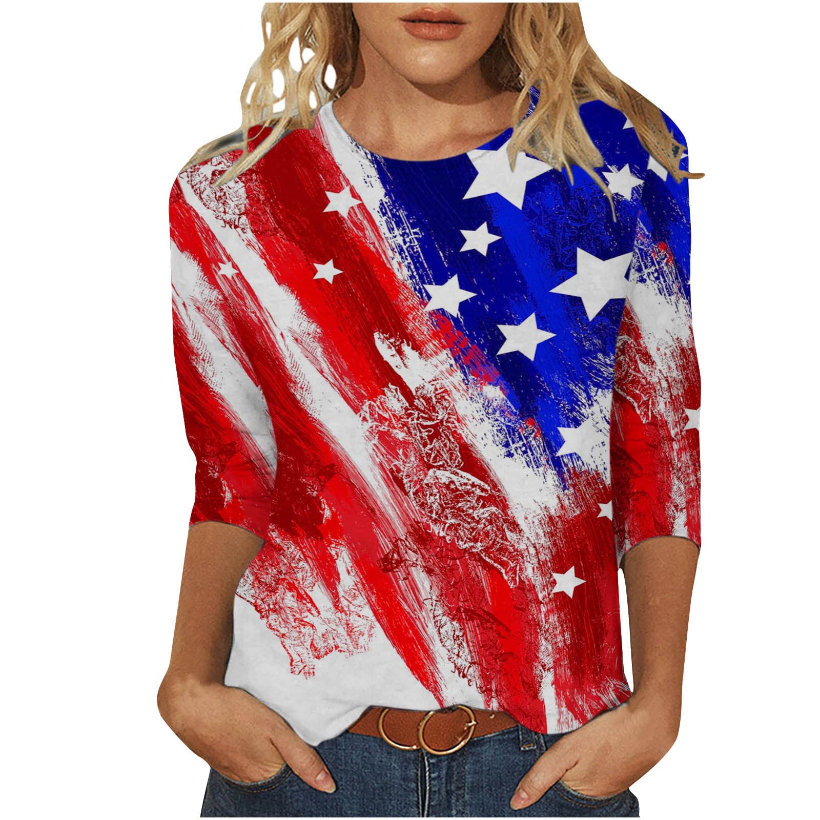 Symoid Patriotic Shirts for Women - American Flag Star Stripe Print Graphic Blouse 3/4 Sleeve Crewneck Independence Day Summer T-Shirts | Perfect for 4th of July Celebrations, BBQ Parties & Patriotic Events