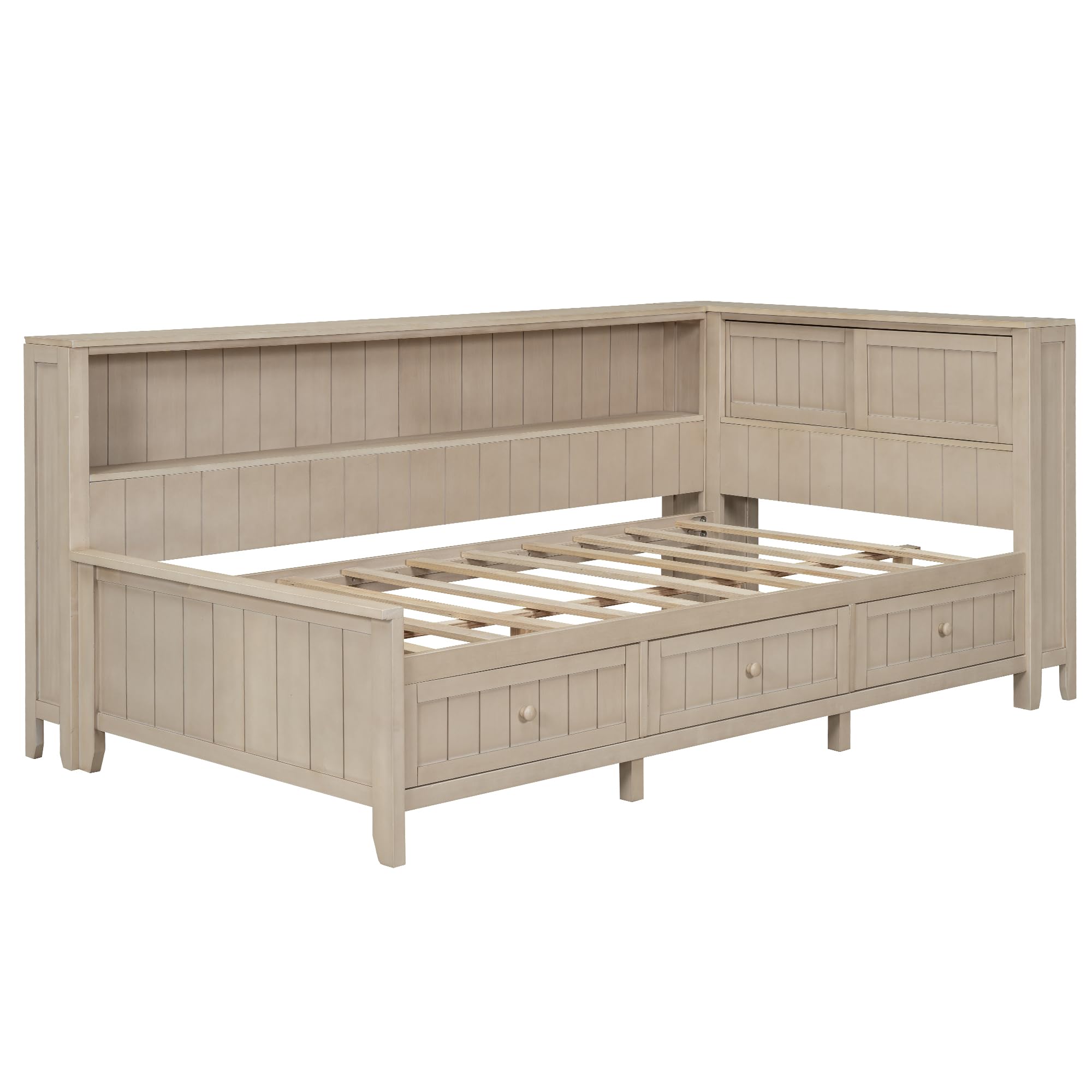 HABITRIO Twin Size Daybed Frame with Storage Shelves & 3 Drawers - Solid Wood Platform Bed with Antique White Finish - Perfect for Guest Rooms, Kids' Bedrooms & Small Spaces