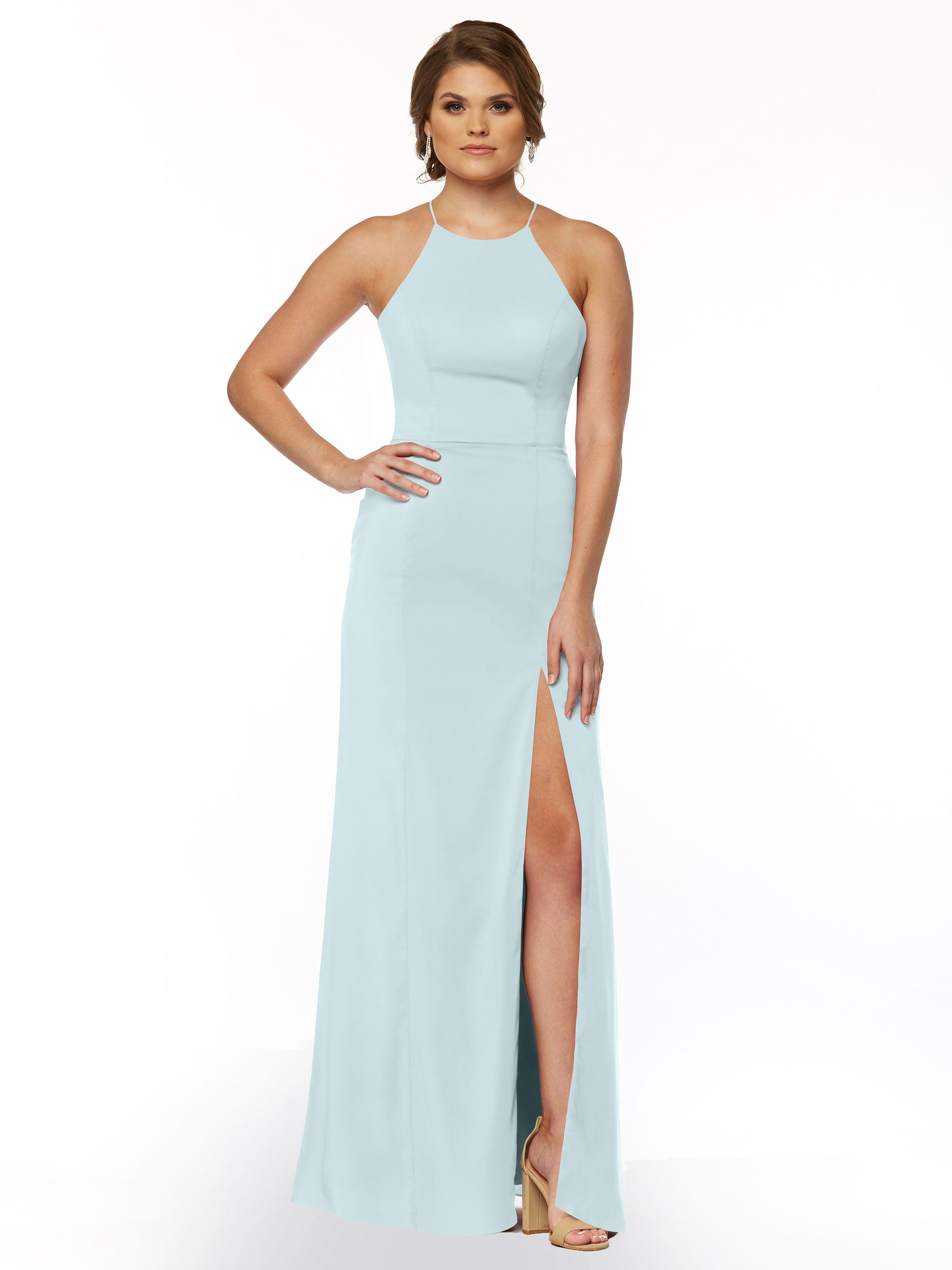 Elegant 83026 Sheath Stretch Chiffon Bridesmaid Dress with Halter Neckline & High Slit - Perfect for Weddings, Formal Events & Evening Parties