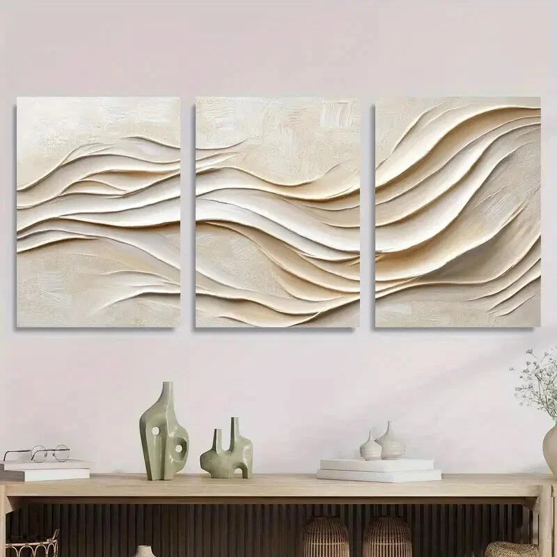 3-Piece Abstract Beige Textured Contemporary Metal Wall Art - Ready to Hang Modern Home Decor for Living Room, Bedroom & Office