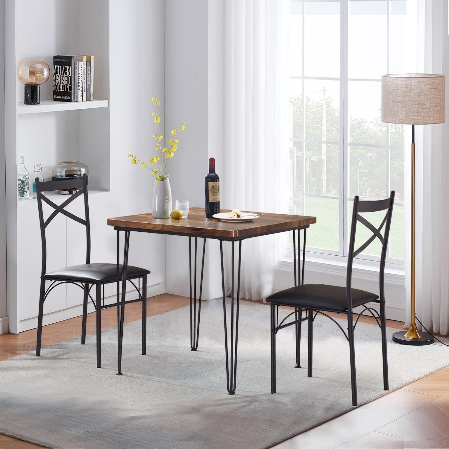 VECELO 3-Piece Small Space Dining Table Set with PU Cushion Chairs, Classic Brown - Perfect for Breakfast Nooks, Studio Apartments & Cozy Kitchenettes (Seats 2)