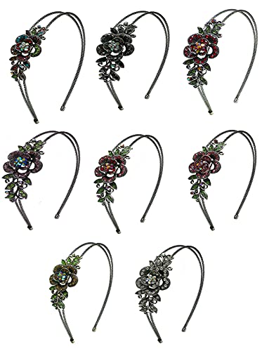 8-Piece Crystal Flower Headband Set for Women - Multi-Color Options (Jet Lavender Red/Rose Red/Rose Rose AB/Amber Crystal) - Perfect for Weddings, Parties, Prom & Special Occasions
