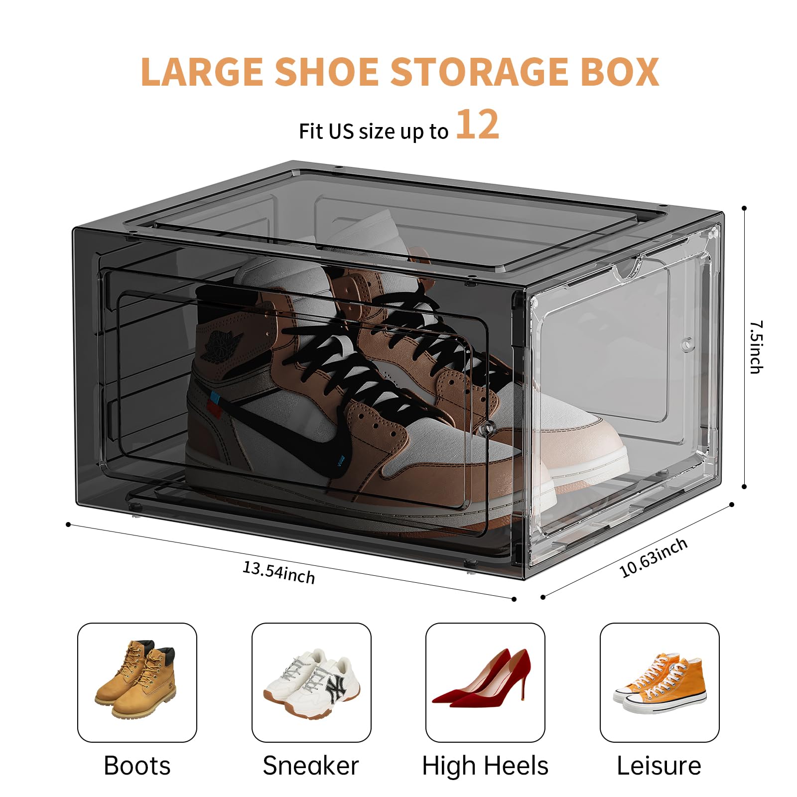 Upgraded Thickened Clear Plastic Shoe Storage Boxes - 8 Pack Stackable Shoe Organizer with Magnetic Drop Front Door for Closet & Entryway - Fits Up to US Men's Size 14 - Perfect for Sneaker Collection Display & Home Organization