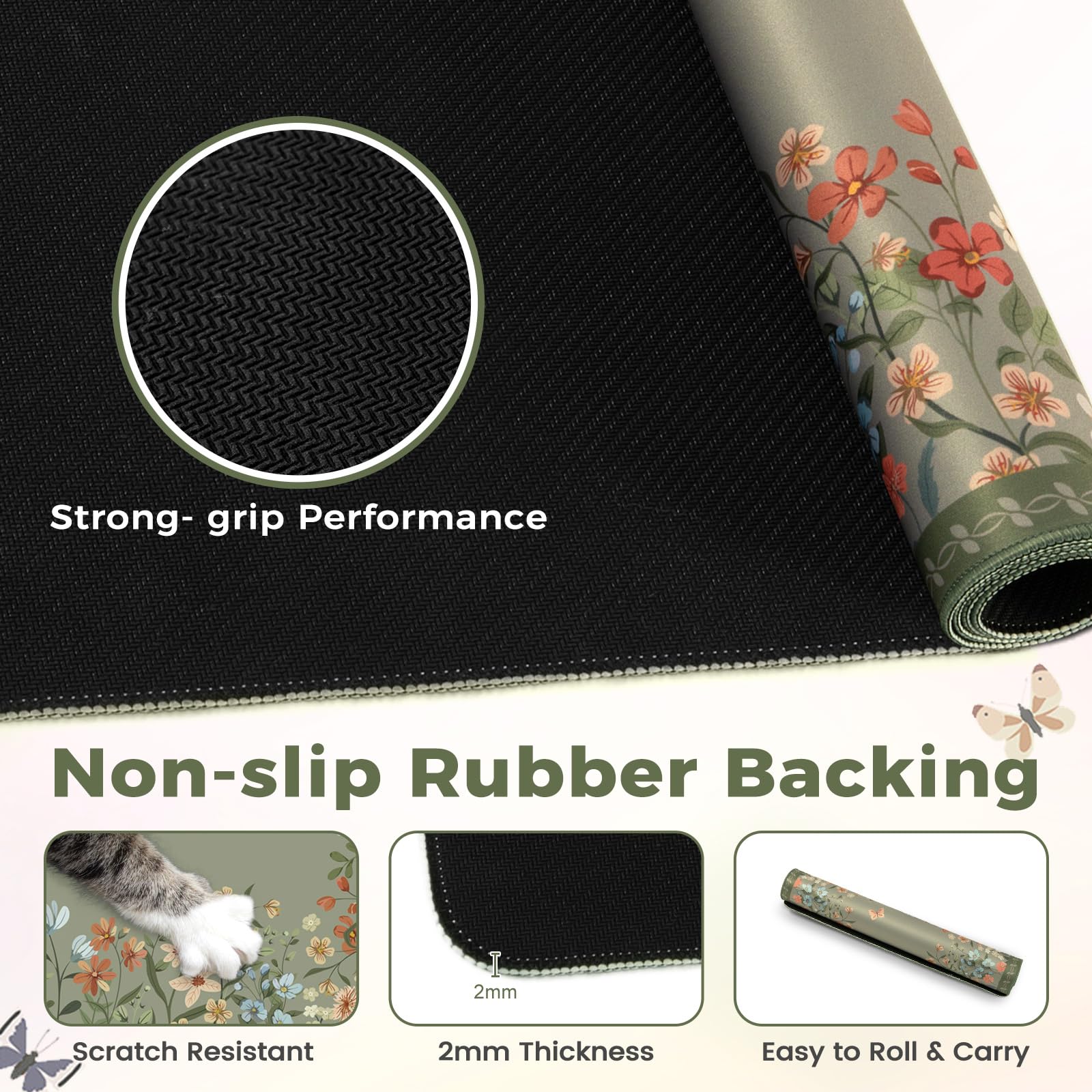 HAOCOO Floral Desk Mat - Extra Large Non-Slip Rubber Base Keyboard & Mouse Pad, Waterproof Office Desk Mat for Computer, Gaming & Work - Dark Green - Perfect for Women's Workspace & Home Office Setup