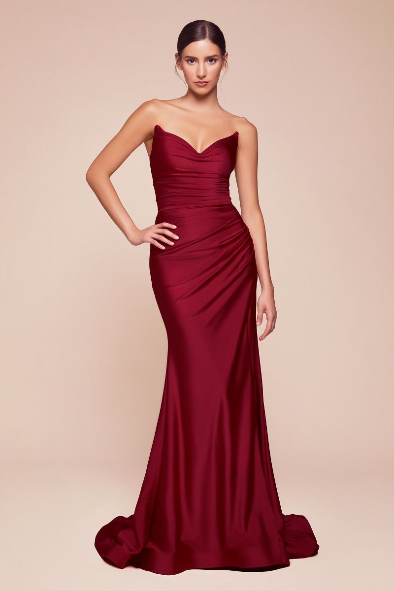 Strapless Stretch Spandex Satin Fitted Gown - Pointed V Neckline Ava Dress in Burgundy | Perfect for Evening Parties, Prom & Formal Events