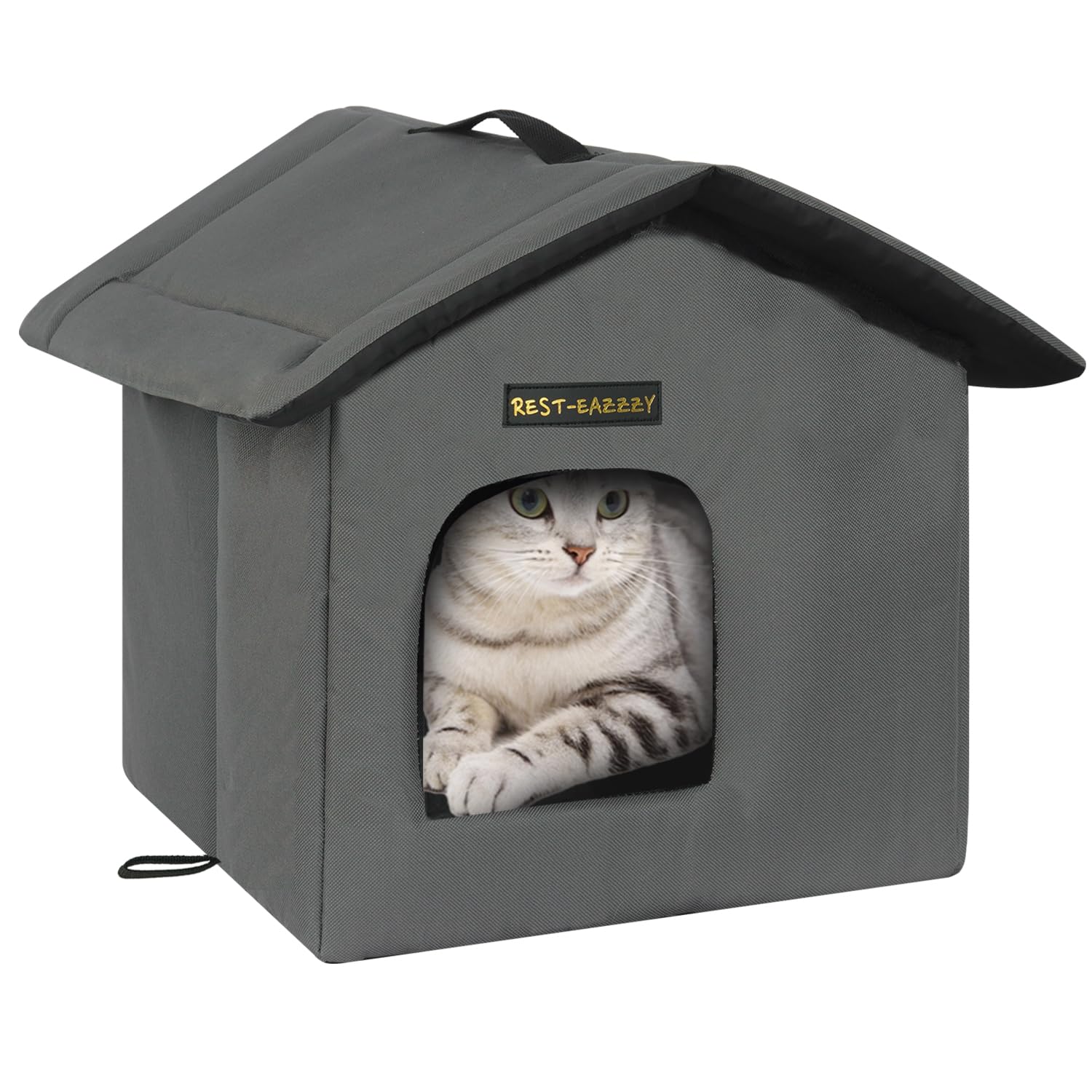 **Weatherproof Insulated Outdoor Cat House - Self-Warming Winter Shelter for Feral Cats with Mat & Clip, Easy Assembly (Grey, Waterproof, Size S) - Perfect for Backyards, Porches & Cold Weather Protection**