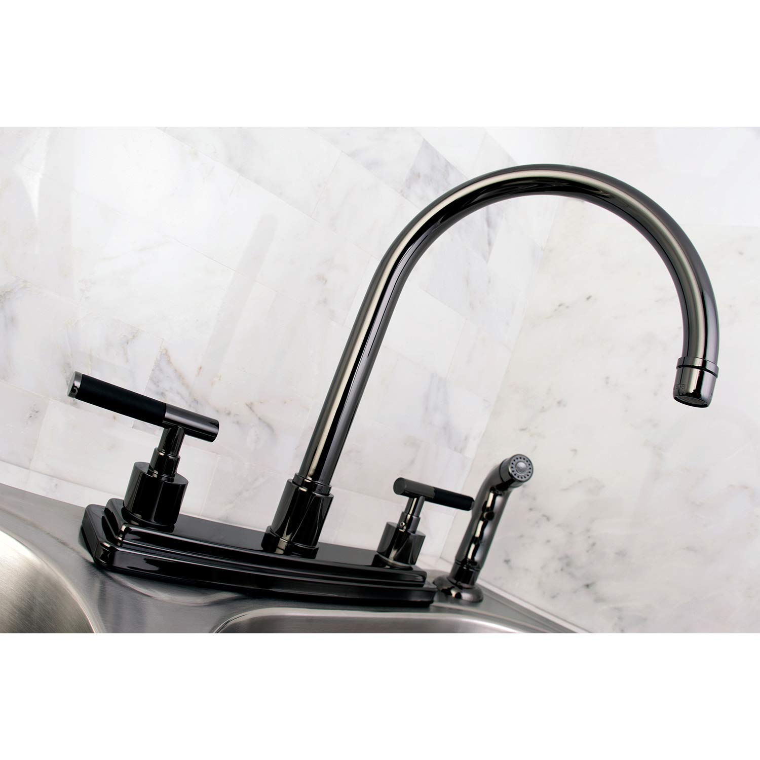 Kingston Brass NS8790DKLSP 8-Inch Centerset Kitchen Faucet - Black Stainless Steel with Lever Handle & Matching Side Sprayer | Water Onyx Finish | Perfect for Modern Farmhouse & Contemporary Kitchen Renovations