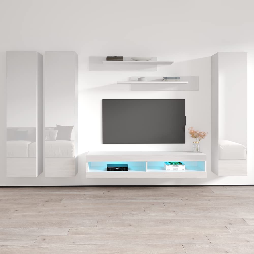 Modern White Wall-Mounted TV Stand with Storage Shelves & LED Lights - 34