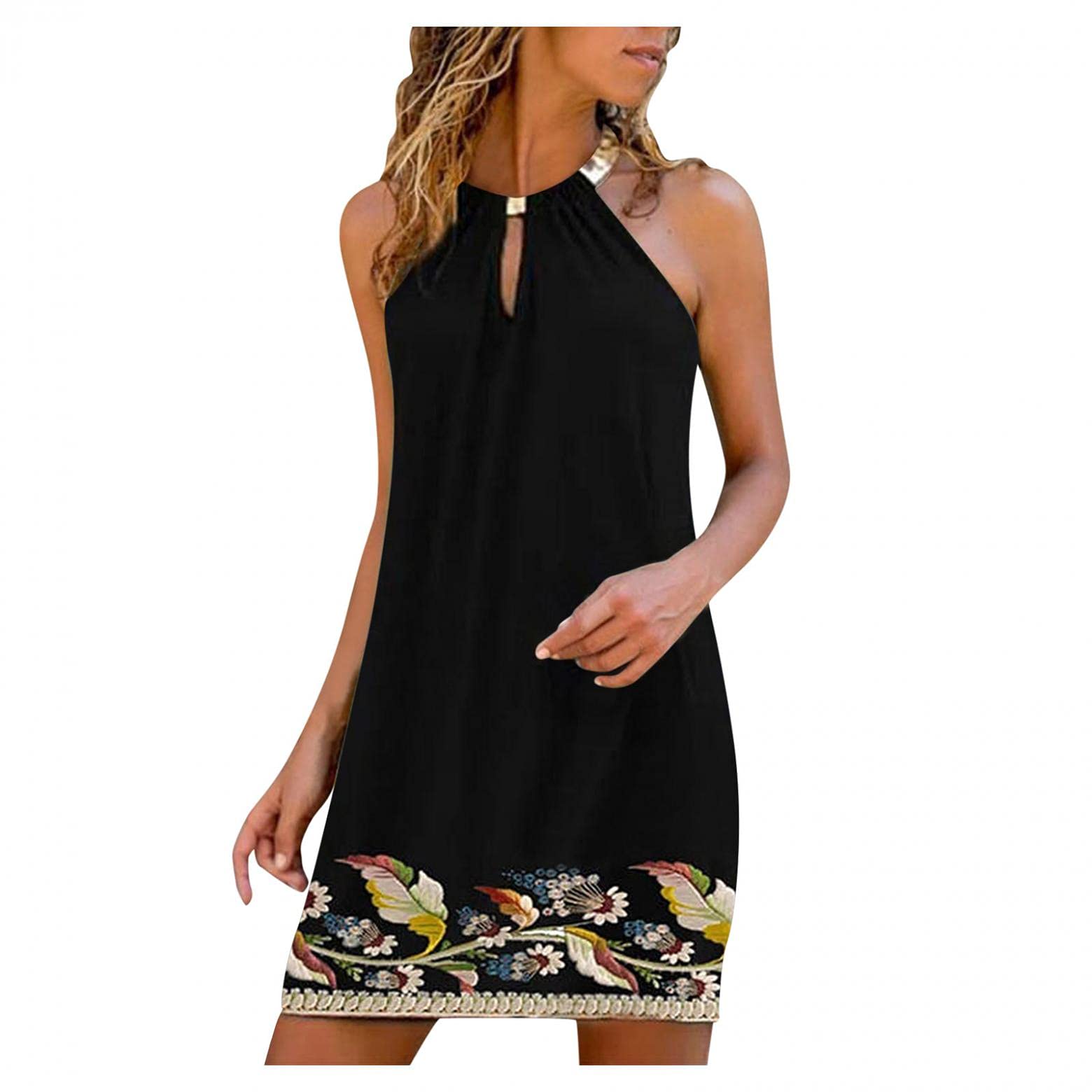 Women's Floral Print Halter Neck Sleeveless Mini Dress - Summer & Spring Casual Sundress for Beach, Vacation, Party and Date Night