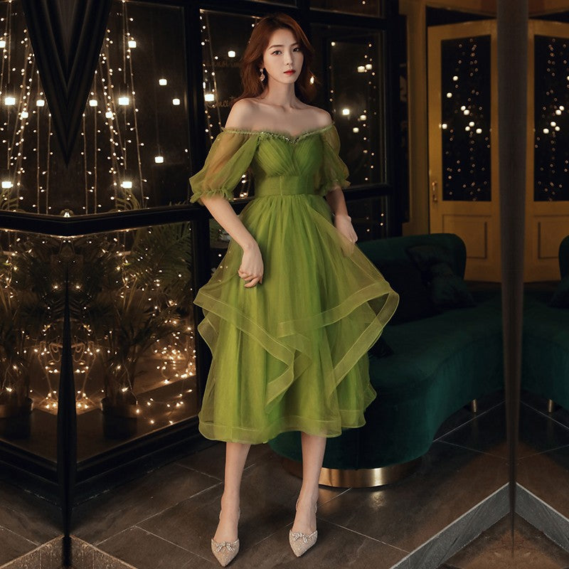 Elegant Off Shoulder Green Tulle Homecoming Dress - Fluffy Short Formal Party Gown for Prom, Sweet 16 & Special Occasions | Style 713 | Perfect for Dances, Photoshoots & Evening Events