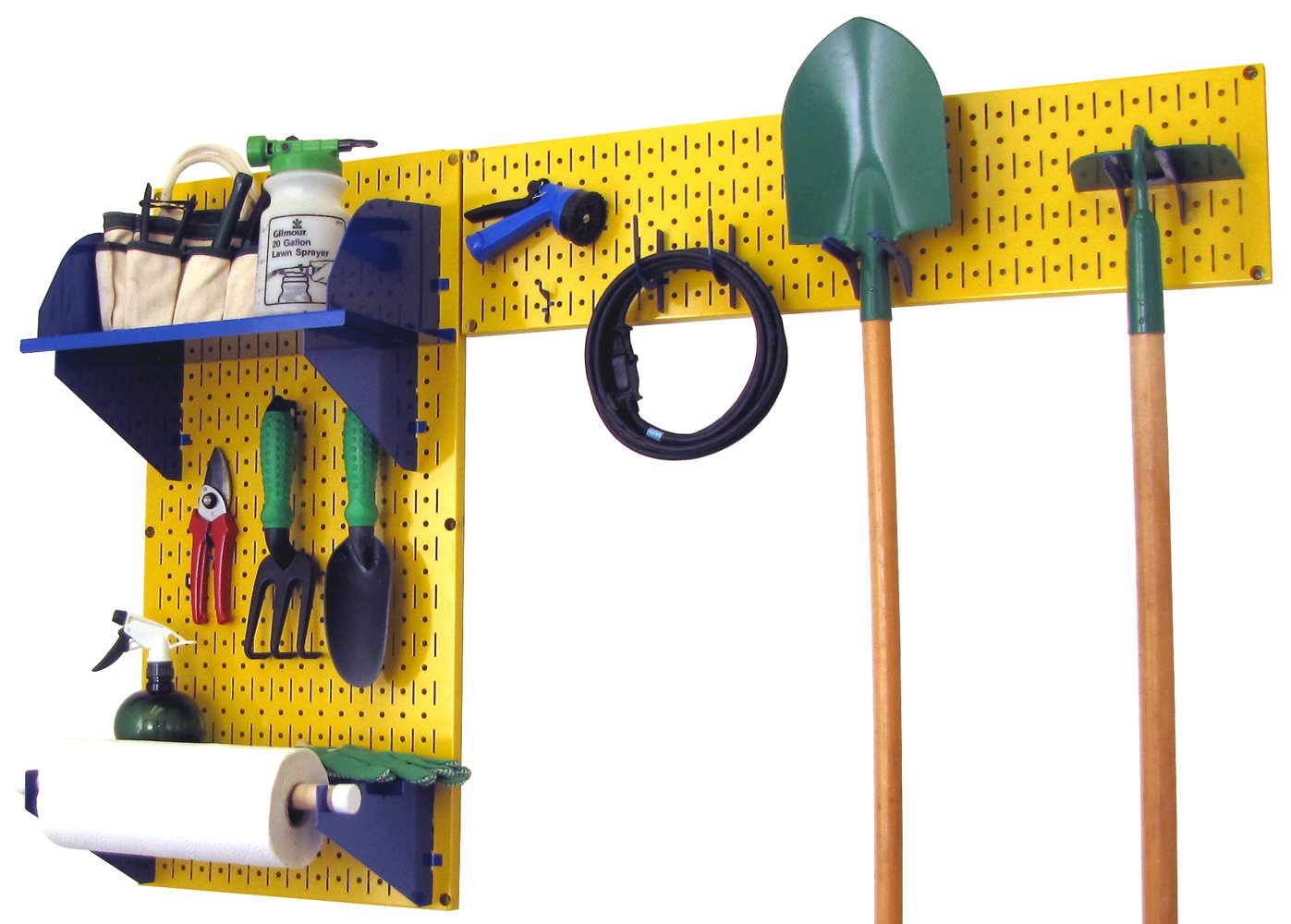 Wall Control Pegboard Garden Tool Organizer Kit - Heavy Duty Yellow Pegboard with Blue Hooks & Accessories for Garage, Shed & Workshop Storage & Organization - Perfect for Organizing Garden Tools, DIY Supplies & Home Improvement Equipment