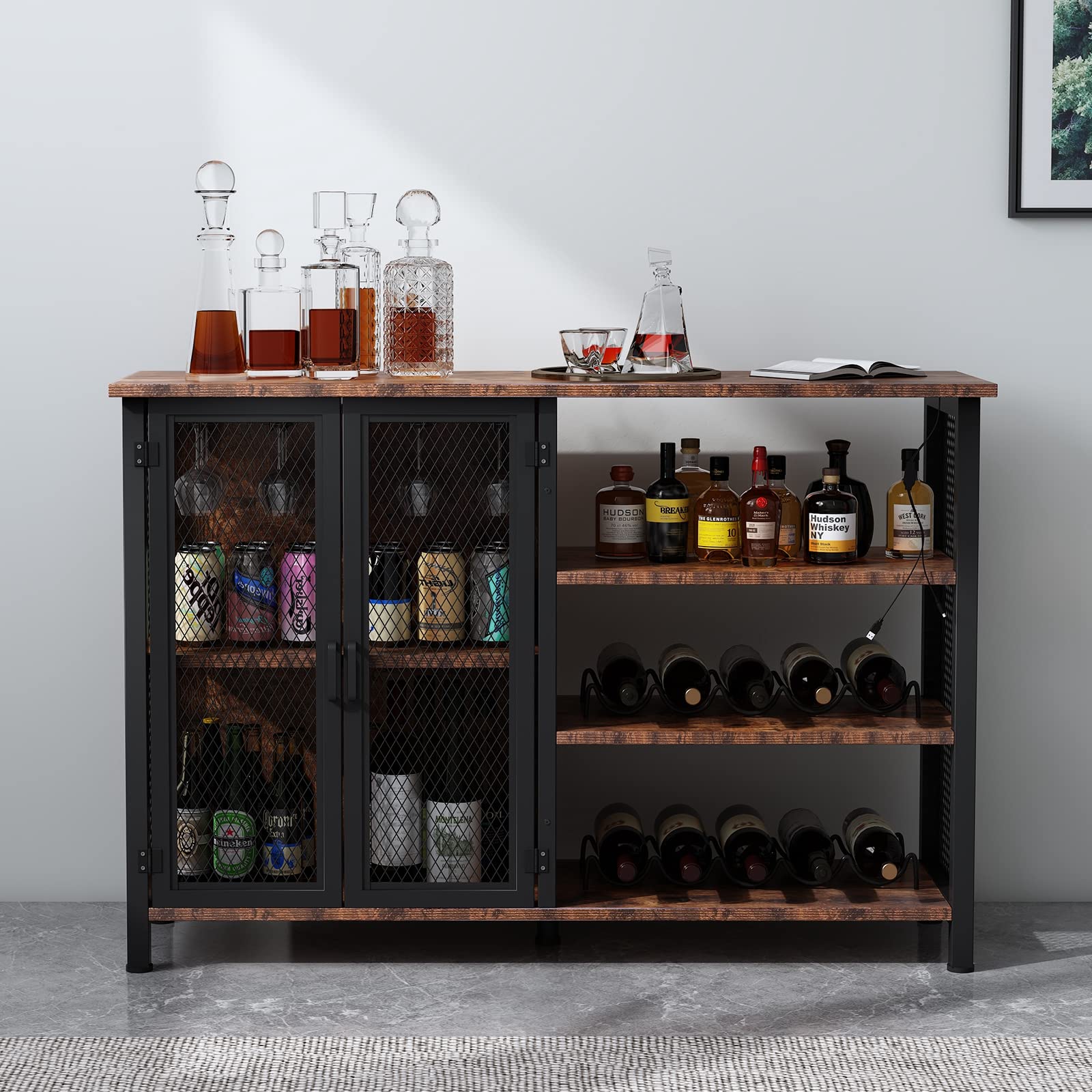 Ahvqevn 47 Inch Rustic Brown Wine Bar Cabinet with LED Lights - Farmhouse Liquor Storage, Coffee Bar Sideboard for Home - Perfect for Dining Room, Kitchen & Entertaining Areas