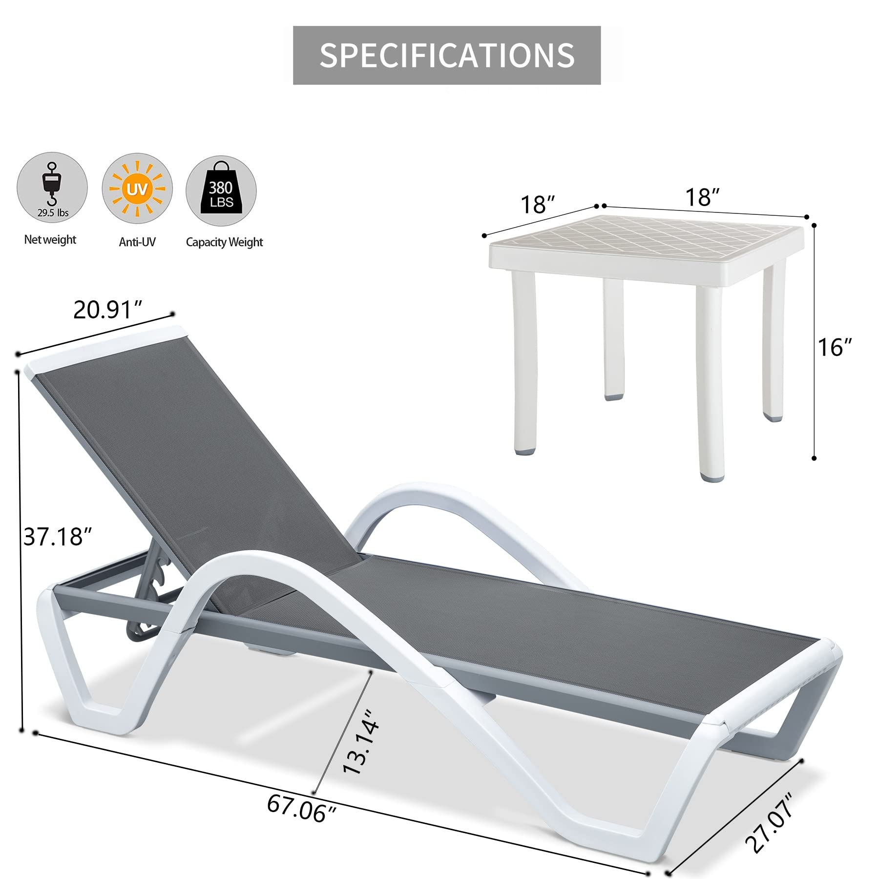 Adjustable Aluminum Pool Lounge Chair with Armrests & Side Table - All-Weather Outdoor Chaise Lounge for Patio, Deck, Lawn & Garden - Perfect for Sunbathing, Relaxing by the Pool or Backyard Lounging (Gray)