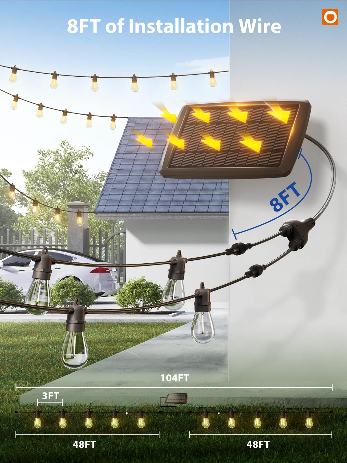 Addlon 104FT Solar String Lights Outdoor Waterproof - 98FT+6FT USB Powered with Remote Control, 34 LED Dimmable Bulbs for Patio, Garden, Deck, Halloween & Christmas Decorations - Perfect for Backyard, Wedding, Party Lighting