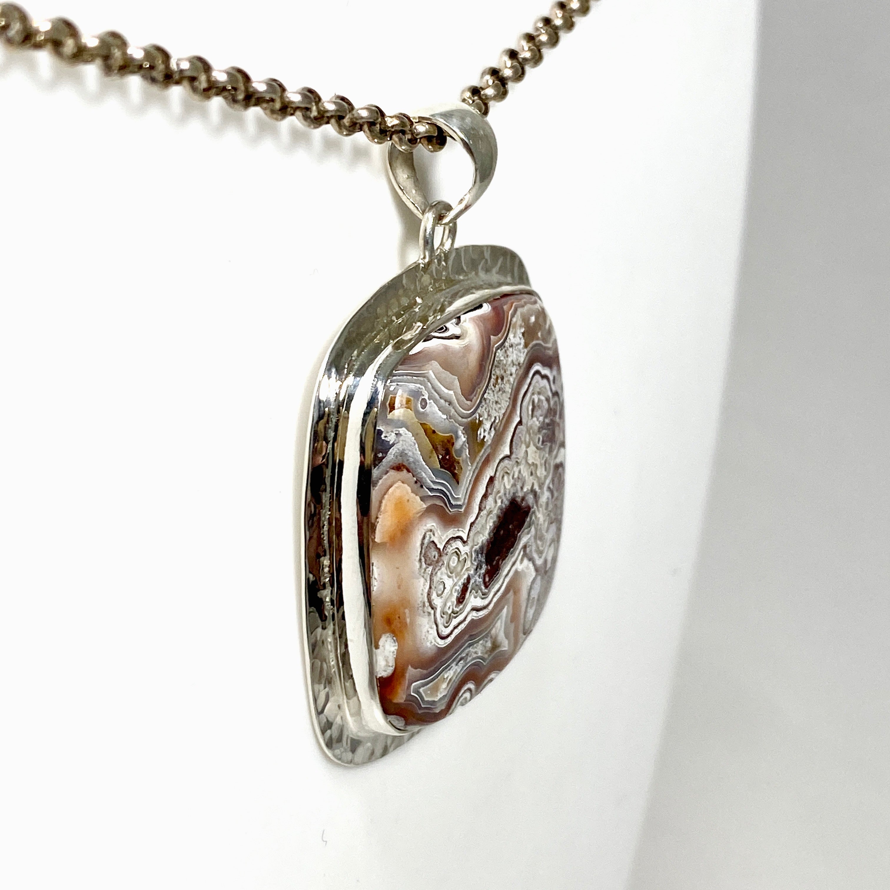 Mexican Crazy Lace Agate Square Pendant - Handcrafted Hammered Silver Jewelry KPGJ4575 | Perfect for Boho Chic Outfits & Spiritual Healing