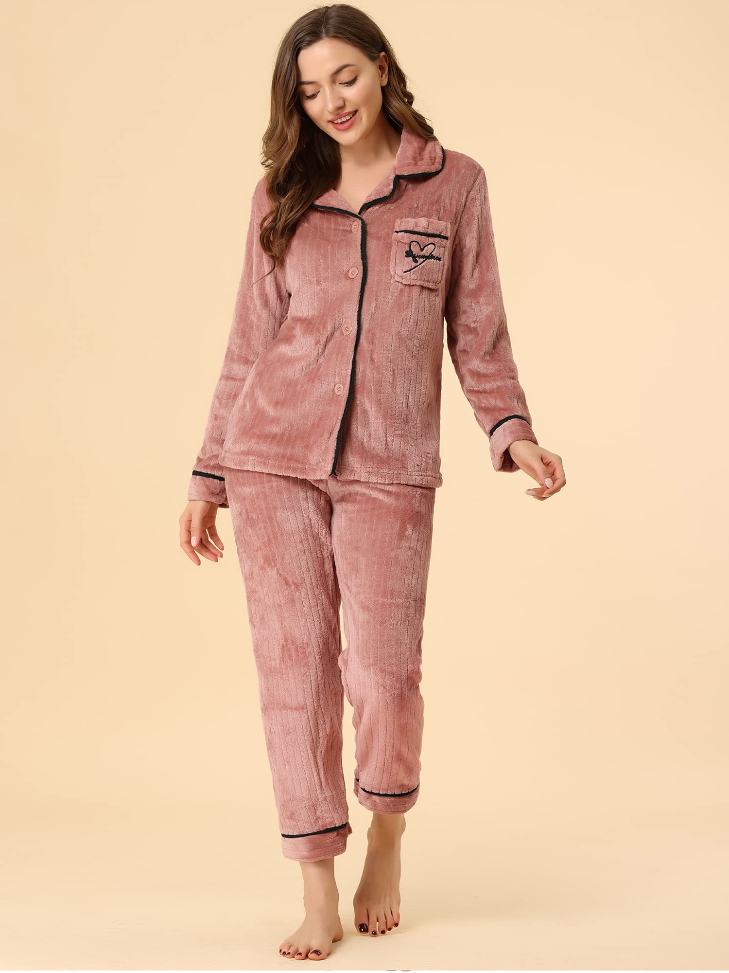 Allegra K Women's Flannel Pajama Set - Long Sleeve Button Down Sleepwear for Winter & Cozy Lounge Wear - Perfect for Cold Nights, Relaxing at Home and Holiday Gifts
