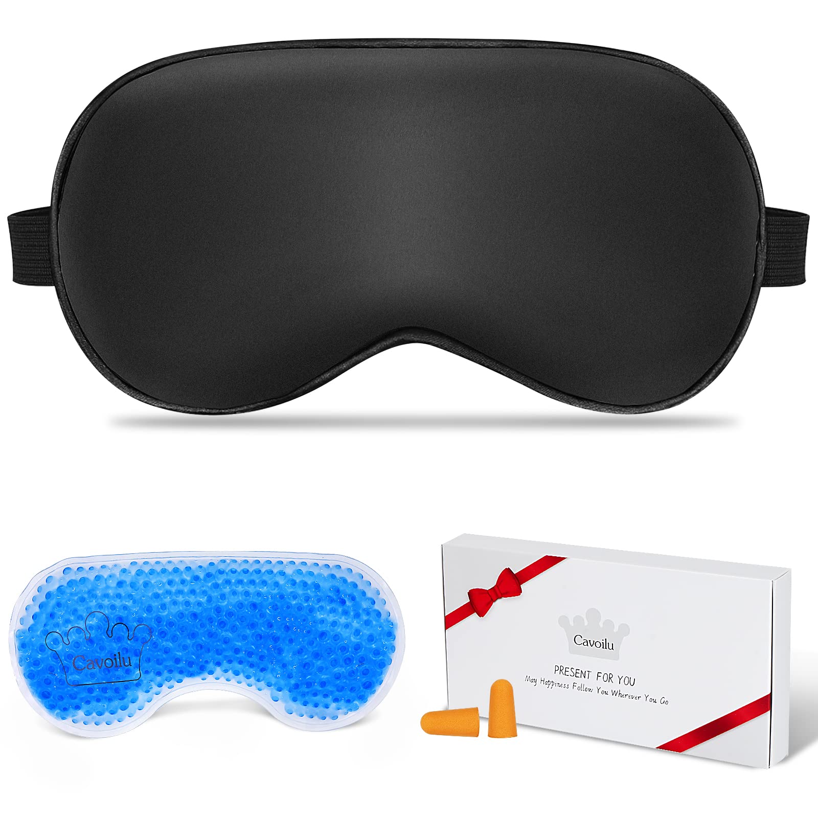 Cooling Gel Eye Mask for Sleeping & Travel - Black Silk Sleep Mask for Men & Women - Perfect Gift & Stocking Stuffer - Relieve Stress & Improve Sleep Quality (Home, Office, Airplane Use)