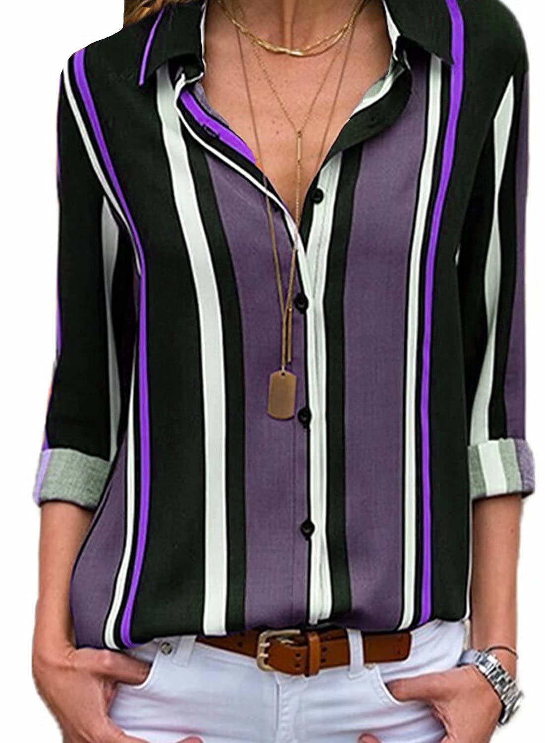 Stylish Women's V-Neck Striped Button-Down Blouse with Roll-Up Sleeves - Casual Office Wear & Spring Summer Fashion Top