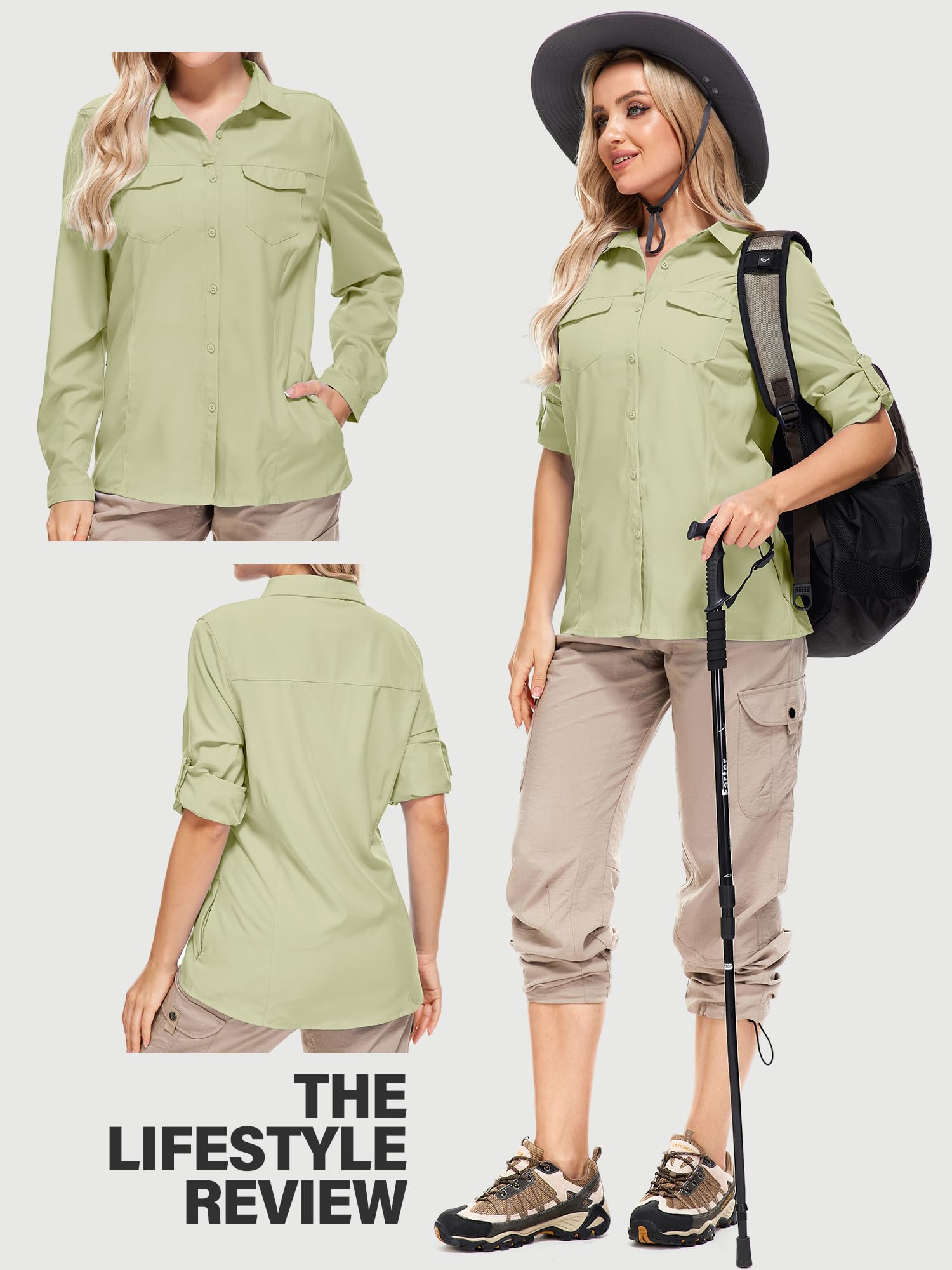 UPF50+ Sun Protection Fishing Shirts for Women & Men - Long Sleeve Travel Work Shirts with Zipper Pockets - Perfect for Safari, Hiking, and Outdoor Adventures