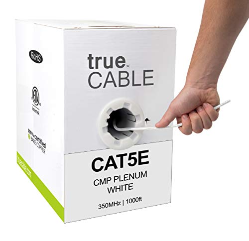 TrueCABLE Cat5e Plenum (CMP) 1000ft Bulk Ethernet Cable - 24AWG 4 Pair Solid Bare Copper, 350MHz, PoE++ (4PPoE) - Unshielded Twisted Pair (UTP) - ETL Listed - Ideal for Office Networking, Data Centers & High-Speed Internet Installations