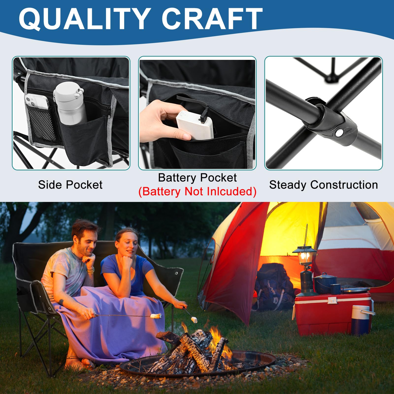 SLSY Oversized Heated 2-Person Camping Chair - Double Folding Loveseat with Padded Seat & Carry Bag - Perfect for Outdoor Camping, Picnics, Beach, Backyard & Tailgating