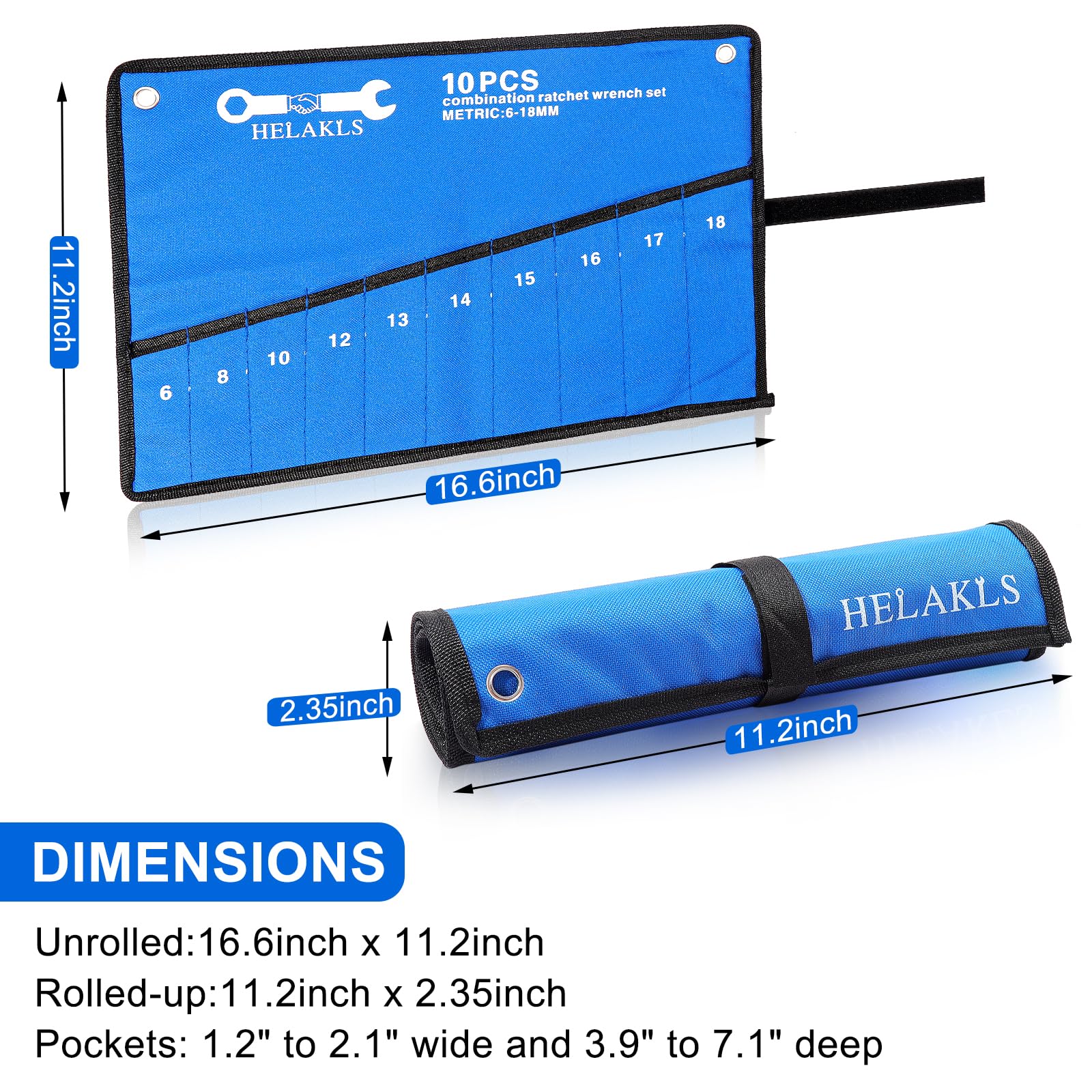 10-Pocket Heavy Duty Canvas Tool Roll Organizer - Metric Wrench Pouch for Mechanics & DIY - Durable Blue Utility Bag for Workshop, Garage & On-the-Go Repairs