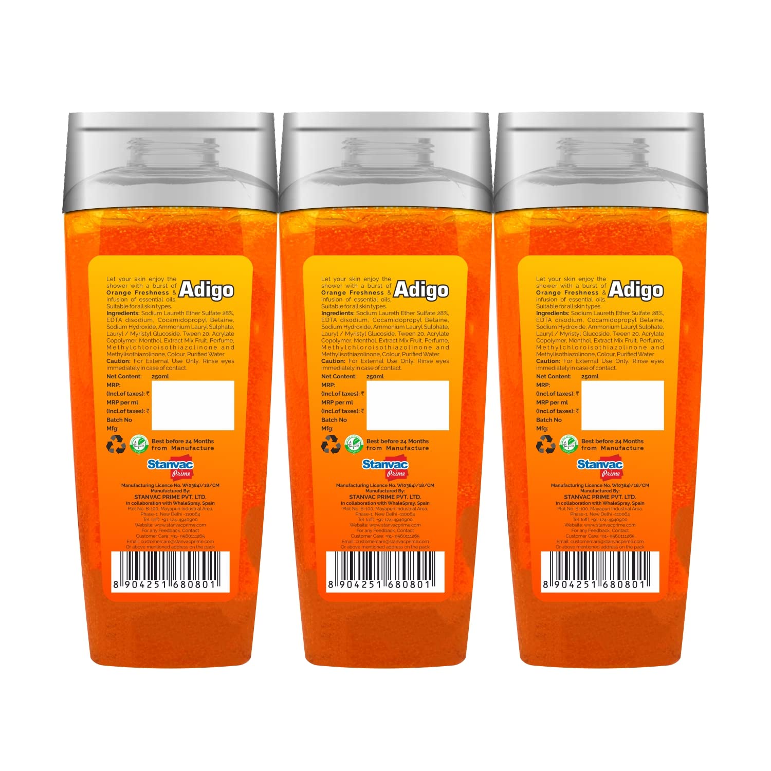 Adigo Shower Gel for Men & Women - Refreshing Orange Scent Body Wash with Essential Oils - Moisturizing & Odor Control Formula - 250ml (Pack of 3) - Perfect for Daily Shower, Gym & Travel