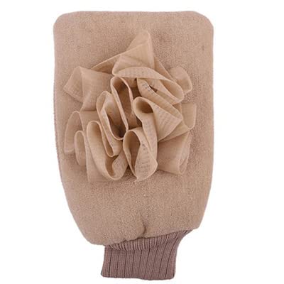 Exfoliating Gloves for Dead Skin Removal - 2 in 1 Kese Mitt & Loofah Bathing Glove | Moroccan Hammam Body Scrubber for Microdermabrasion at Home | Visibly Lifts Dead Skin, Tan Removal | Double-Sided Viscose & Cotton Fiber (1pc, Khaki) | Perfect for Spa Day, Self-Care Routine & Post-Workout Refresh