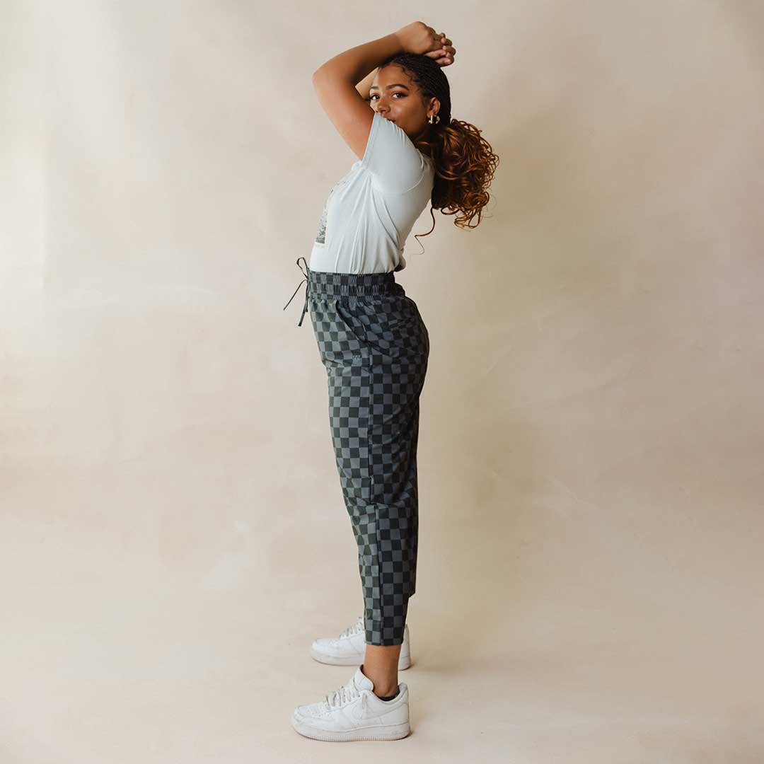 Audrey Wide Leg Pants for Women - Stylish Slate Checkered High Waist Trousers | Office Wear, Casual Outfits & Business Travel Essentials