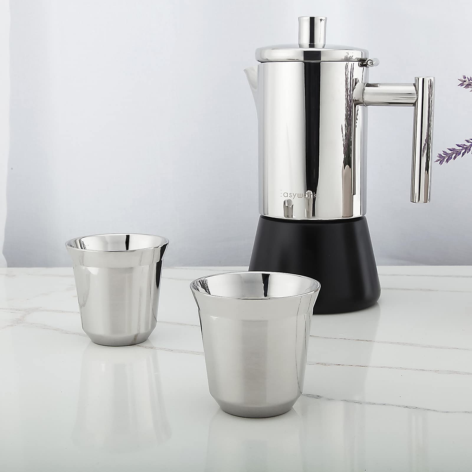 Easyworkz Pedro Stovetop Espresso Maker with 2 Stainless Steel Double Wall Insulated Demitasse Cups - Italian Coffee Maker for Home, Camping & Travel | Perfect Gift for Coffee Lovers