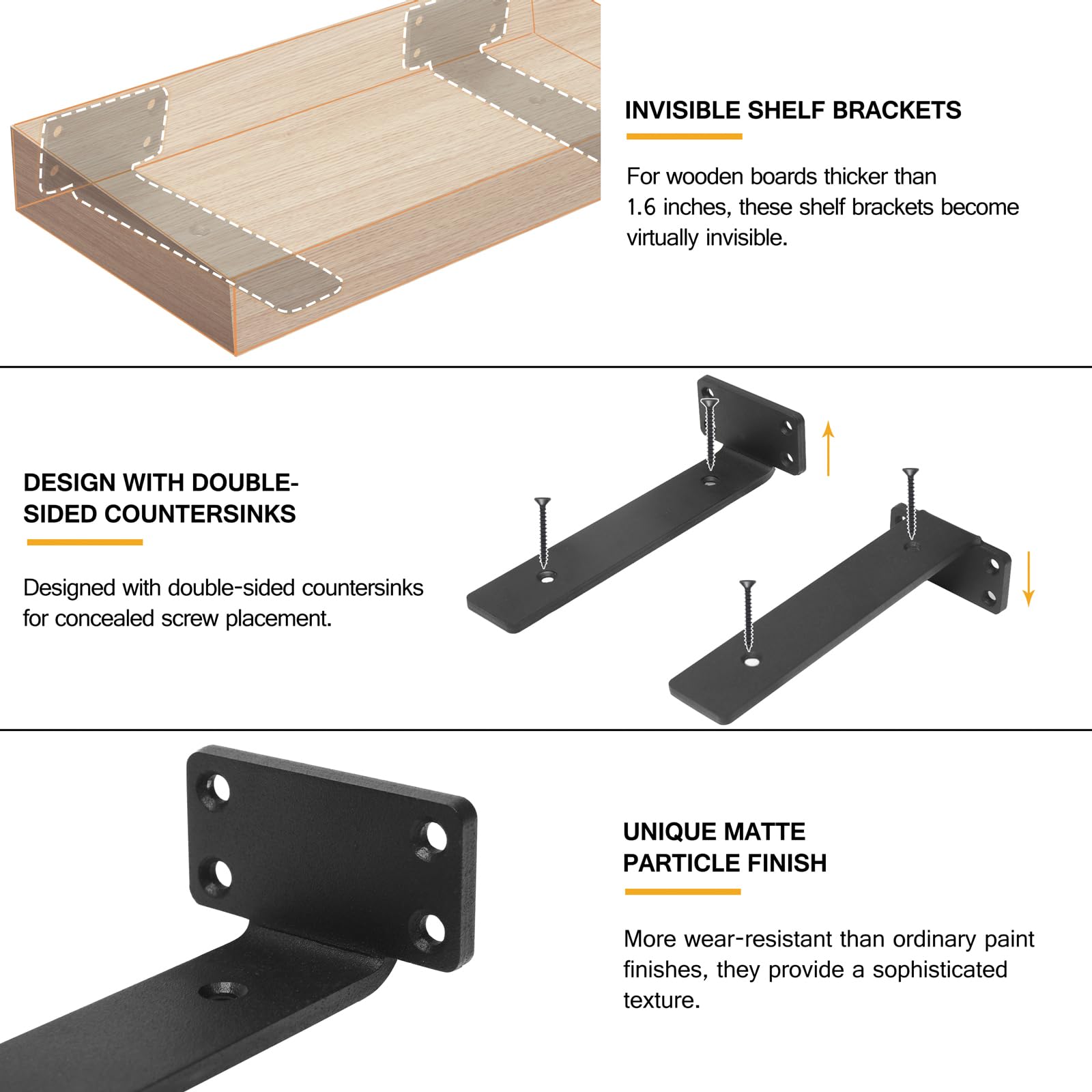 Heavy Duty Floating Shelf Brackets 8-Inch (1/5'' Thick) - Hidden Shelves Hardware, Cast Iron L Brackets - Rustic Industrial Black Metal Wall Shelving Supports (6 Pack) - Perfect for Living Room, Kitchen & Home Office Storage Solutions