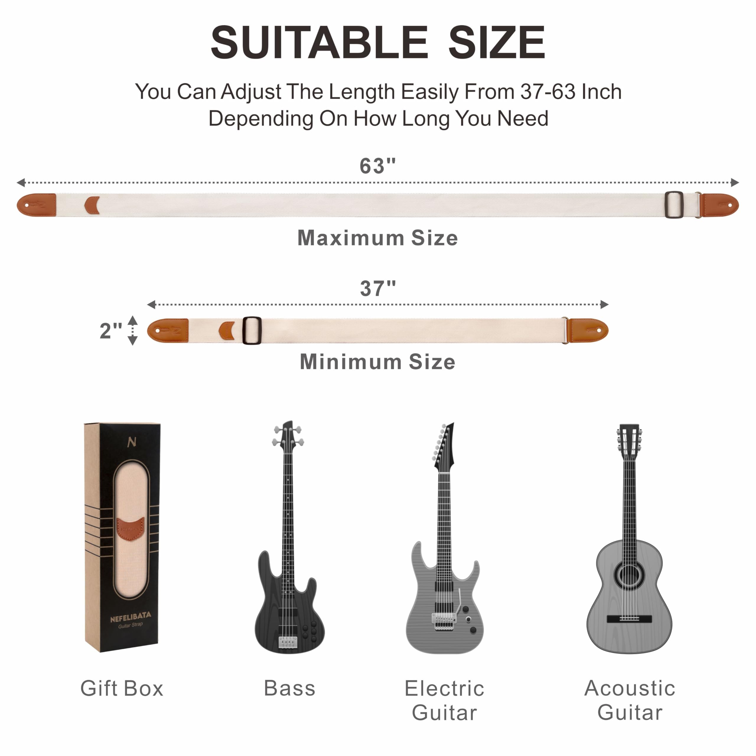 Premium Nefelibata Guitar Strap - 100% Cotton with Full Grain Leather Ends, Includes Pick Pocket, Free Strap Button, 1 Pair Strap Locks & 4 Guitar Picks - Compatible with Bass, Electric & Acoustic Guitars (Cream) - Perfect for Live Performances, Studio Sessions & Casual Playing