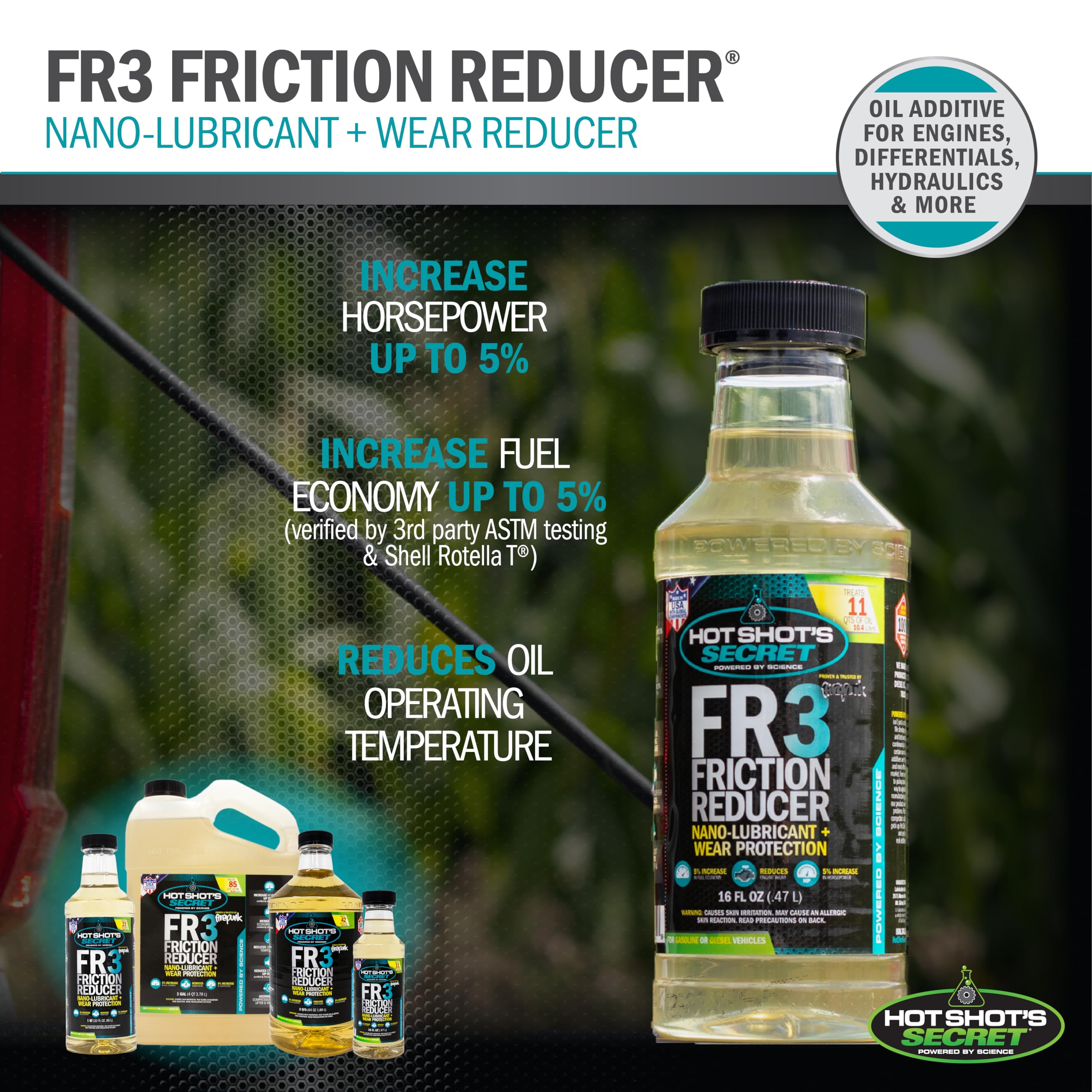 Hot Shot's Secret FR3 Synthetic Friction Reducer - 1 Gallon Engine Oil Additive for Gas & Diesel Engines | Improves Performance, Protects Engine & Boosts Fuel Economy | Ideal for Trucks, SUVs & Heavy-Duty Vehicles