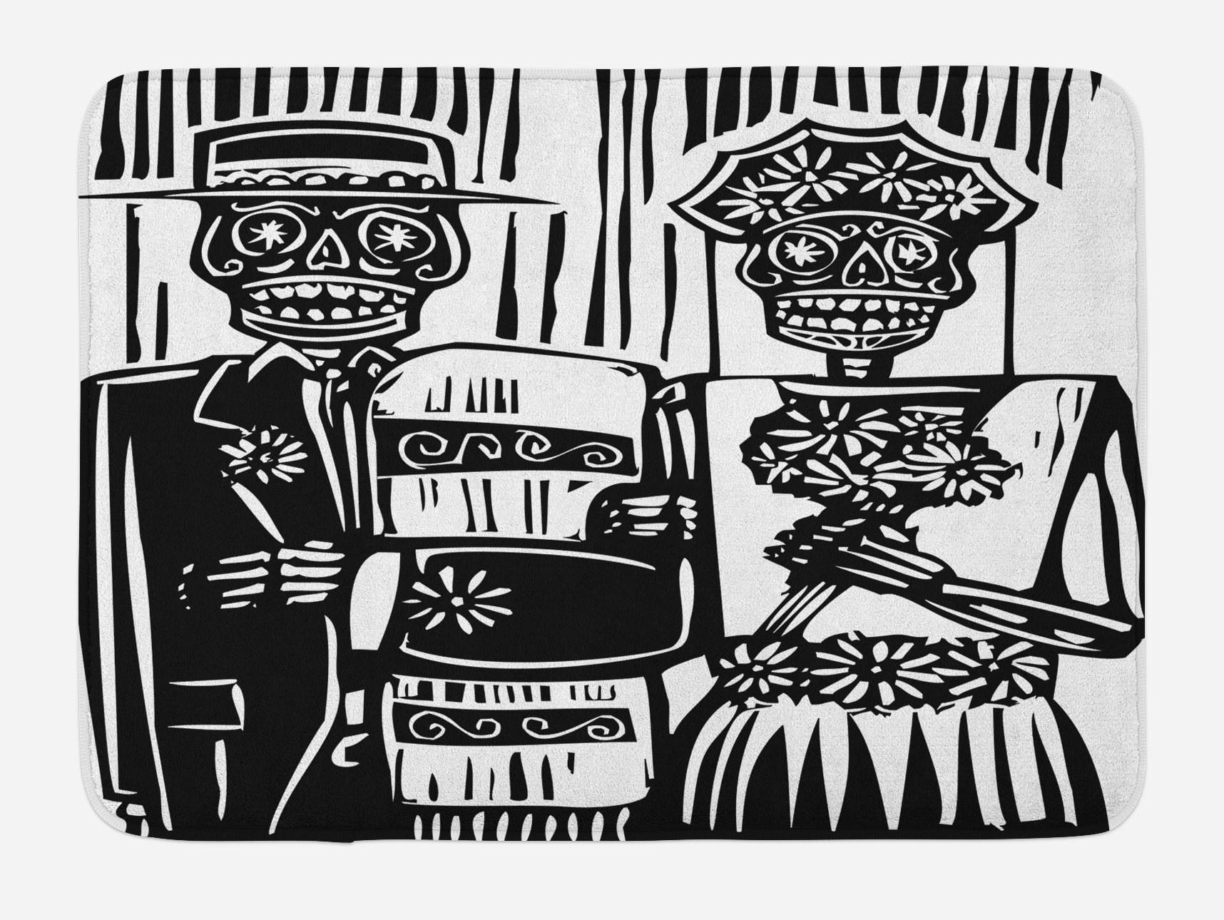 Ambesonne Day of The Dead Bath Mat - Woodcut Style Skeleton Couple Wedding Design with Bride & Groom - Non-Slip Plush Bathroom Rug 30x20 Inches Black & White - Perfect for Halloween Decor, Gothic Home Decor & Dia de Los Muertos Celebrations