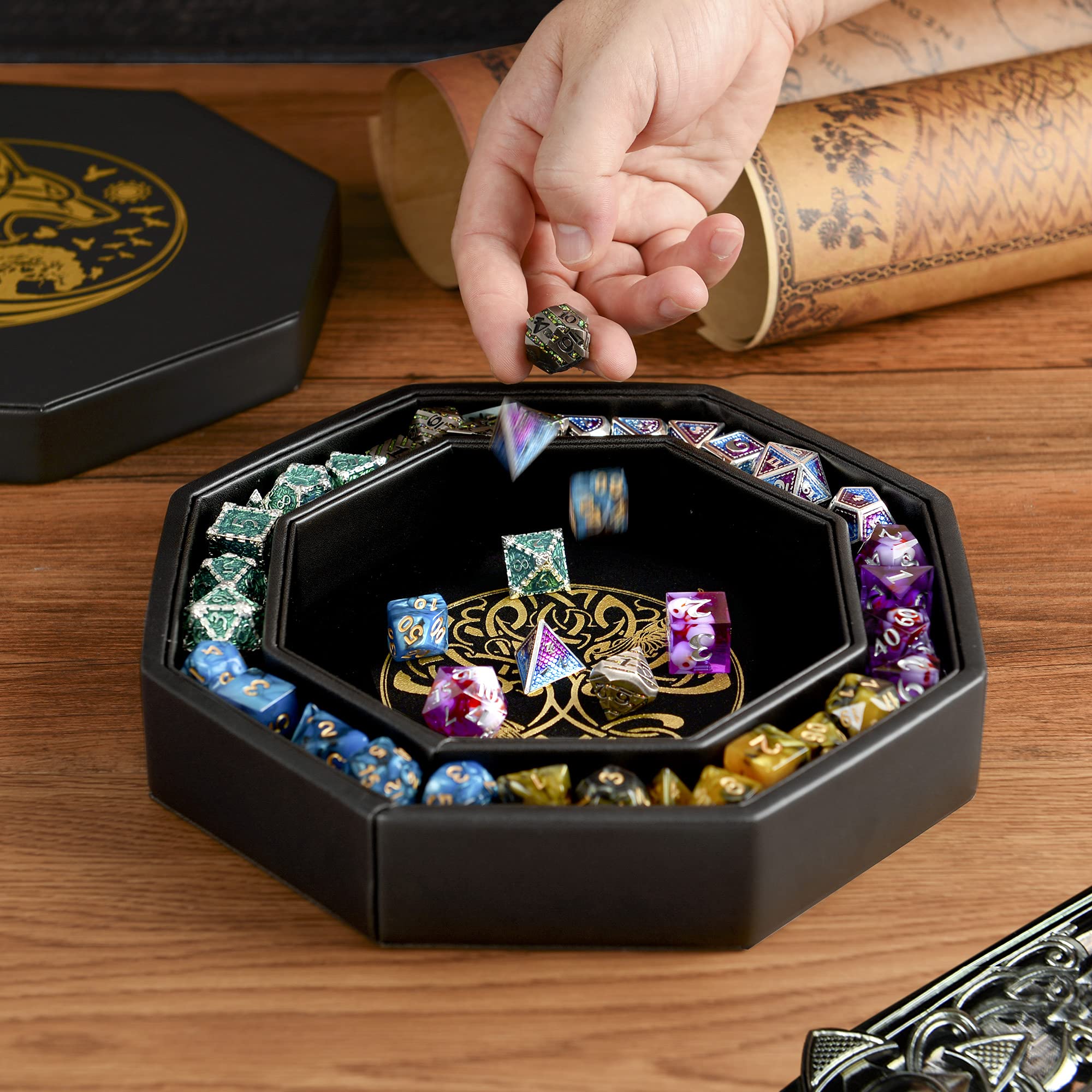 Premium 8 Inch DND Dice Tray for Dungeons & Dragons - Exquisite Gold World Tree & Wolf Raven Design - Perfect for Dice Rolling & Storage - Ideal for D&D, RPG Games & Tabletop Adventures