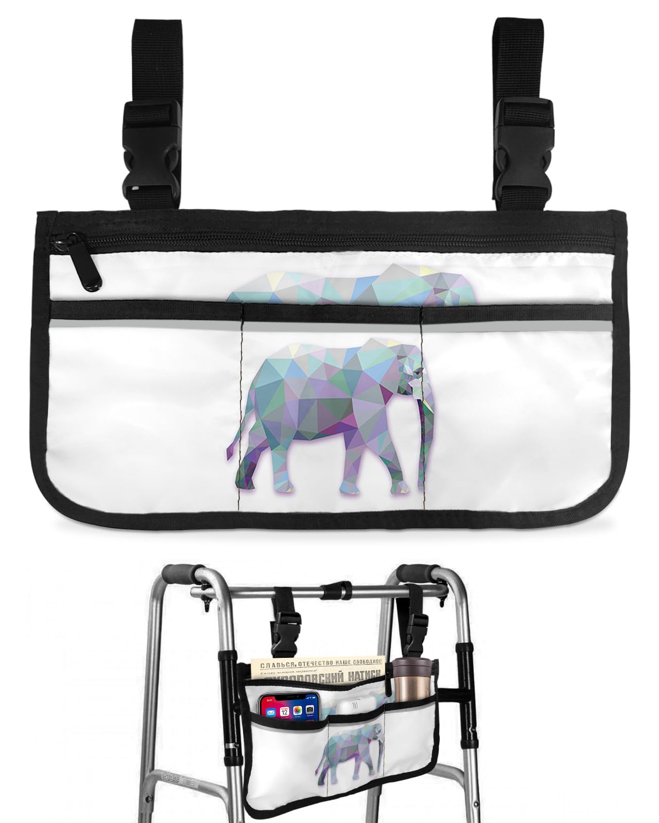 Waterproof Walker Bag with Abstract Elephant Design - Wheelchair Storage Organizer & Carry Caddy for Seniors | Durable Tote with Geometric Pattern for Daily Use, Travel, and Medical Appointments